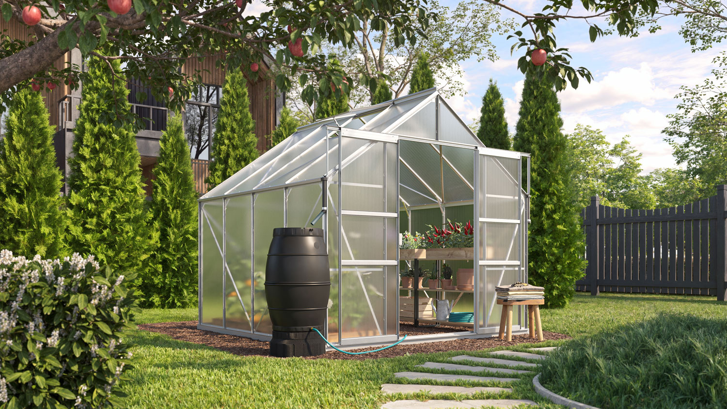Gewächshaus-Set Mardi 6700 mit Satteldach, Farbe: Aluminium eloxiert, verglast mit: Hohlkammerplatten (HKP)
