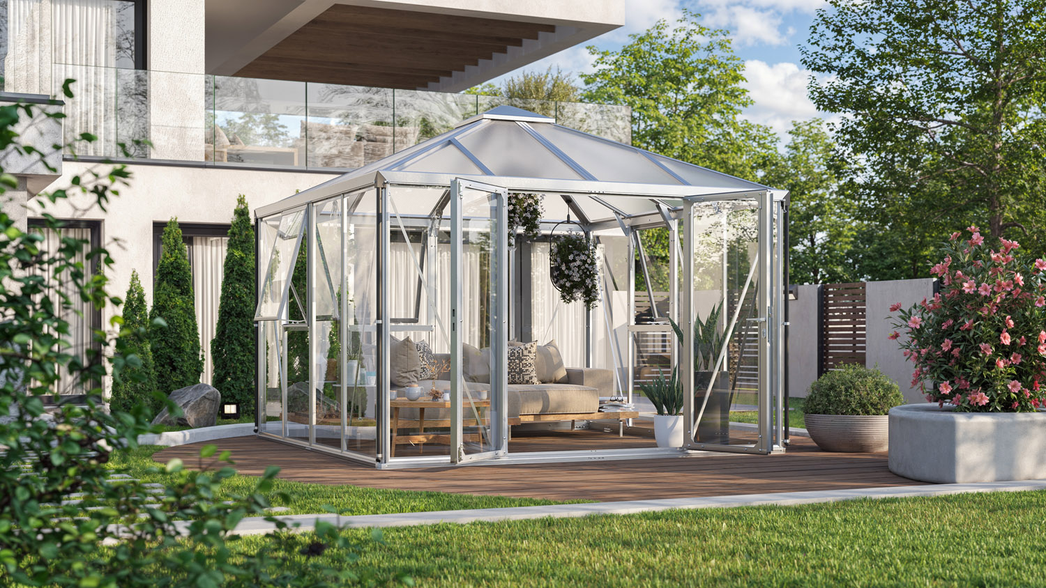 Gewächshaus Minos 10200 mit Pavillondach, Farbe: Aluminium eloxiert, verglast mit: Sicherheitsglas (ESG)