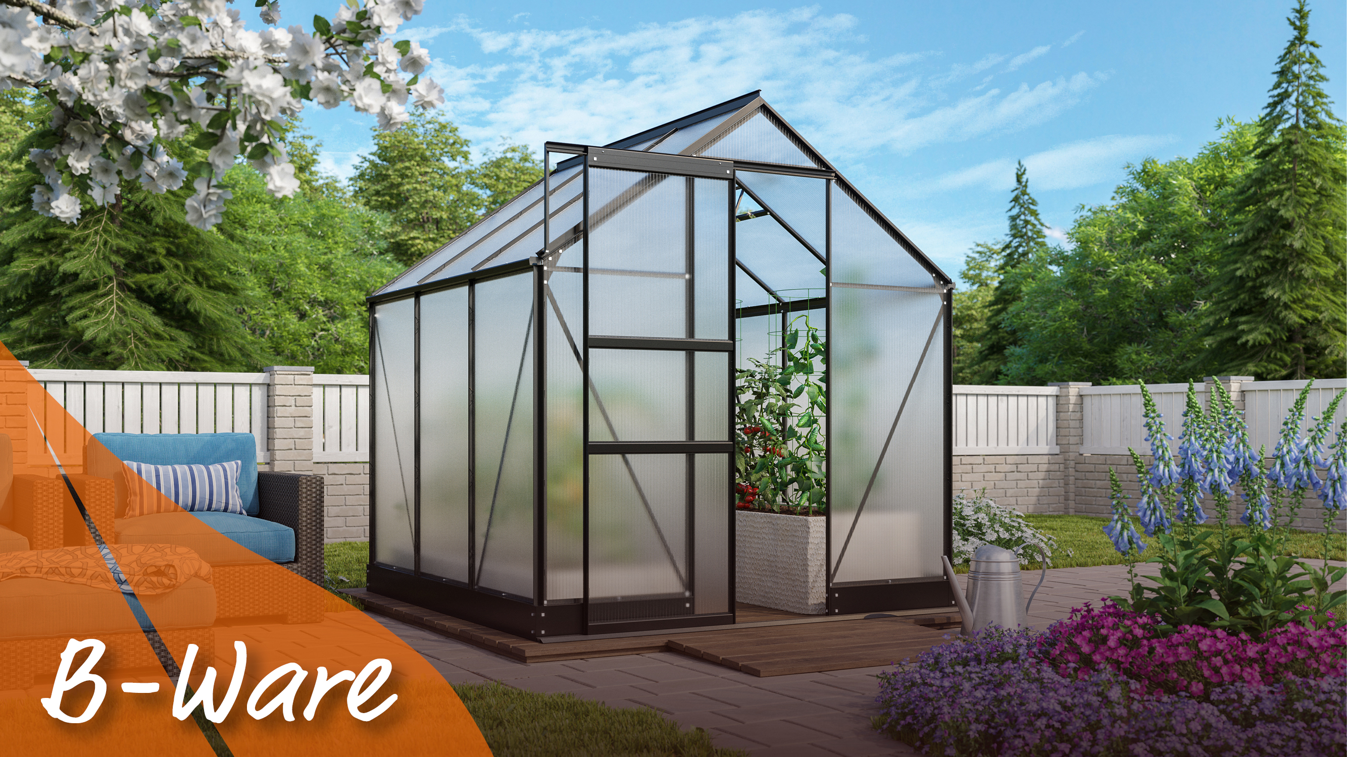 Apollo 3800 mit Satteldach, Farbe: Schwarz pulverbeschichtet, verglast mit: Hohlkammerplatten (HKP)