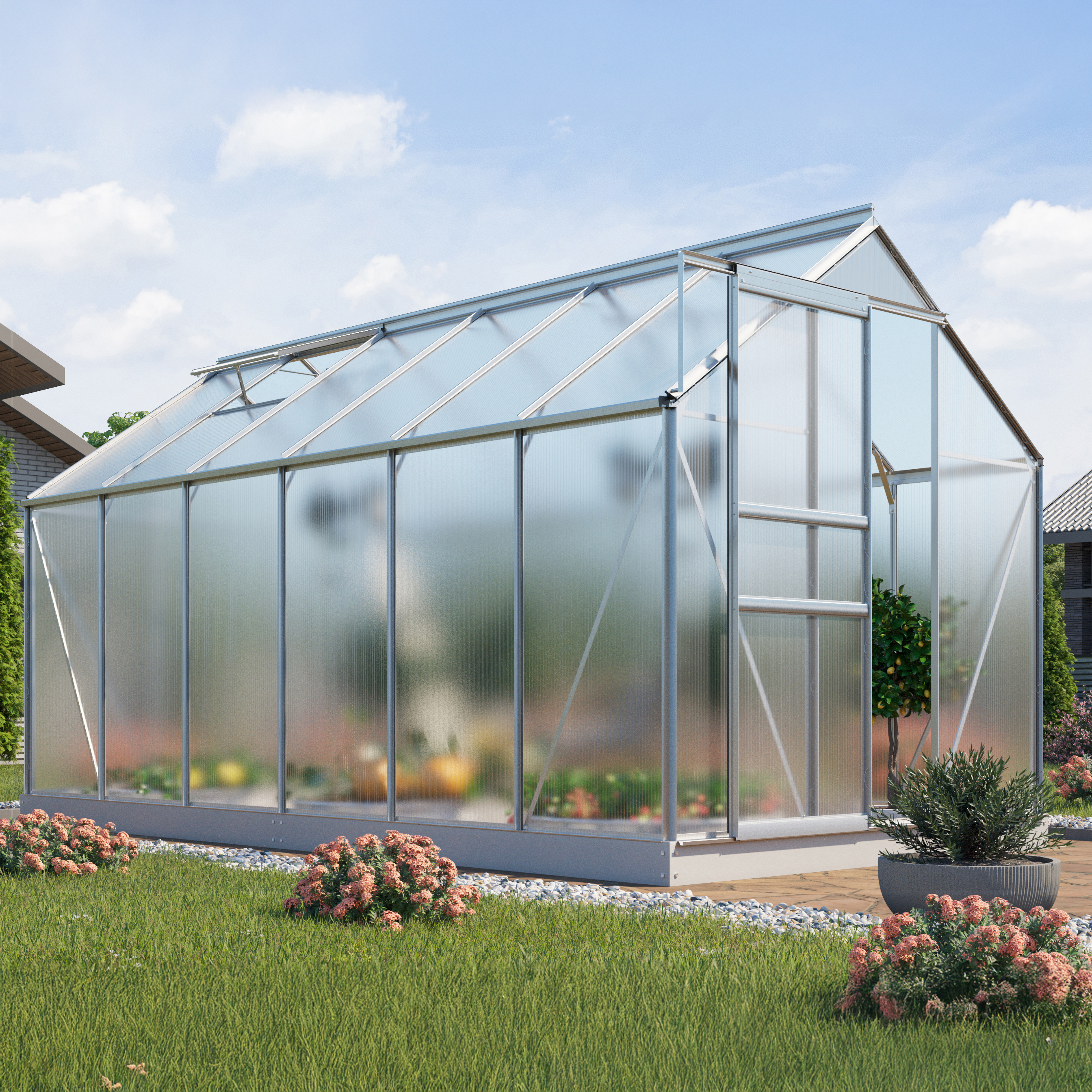 Gewächshaus Comet 7500, Farbe: Aluminium eloxiert, verglast mit: Hohlkammerplatten (HKP)
