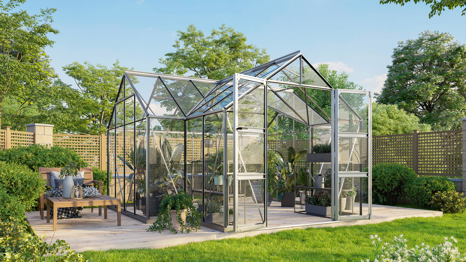 Gewächshaus Clarus 13000 mit Kreuzdach, Farbe: Aluminium eloxiert, verglast mit: Sicherheitsglas (ESG)