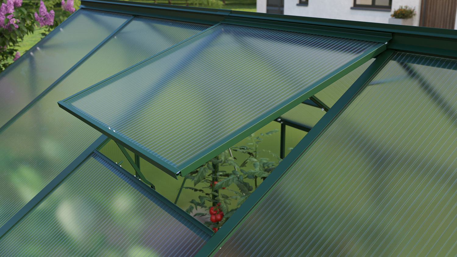 Gewächshaus Eos im Sonderangebot 3100, Farbe: Smaragd pulverbeschichtet, verglast mit: Hohlkammerplatten (HKP)
