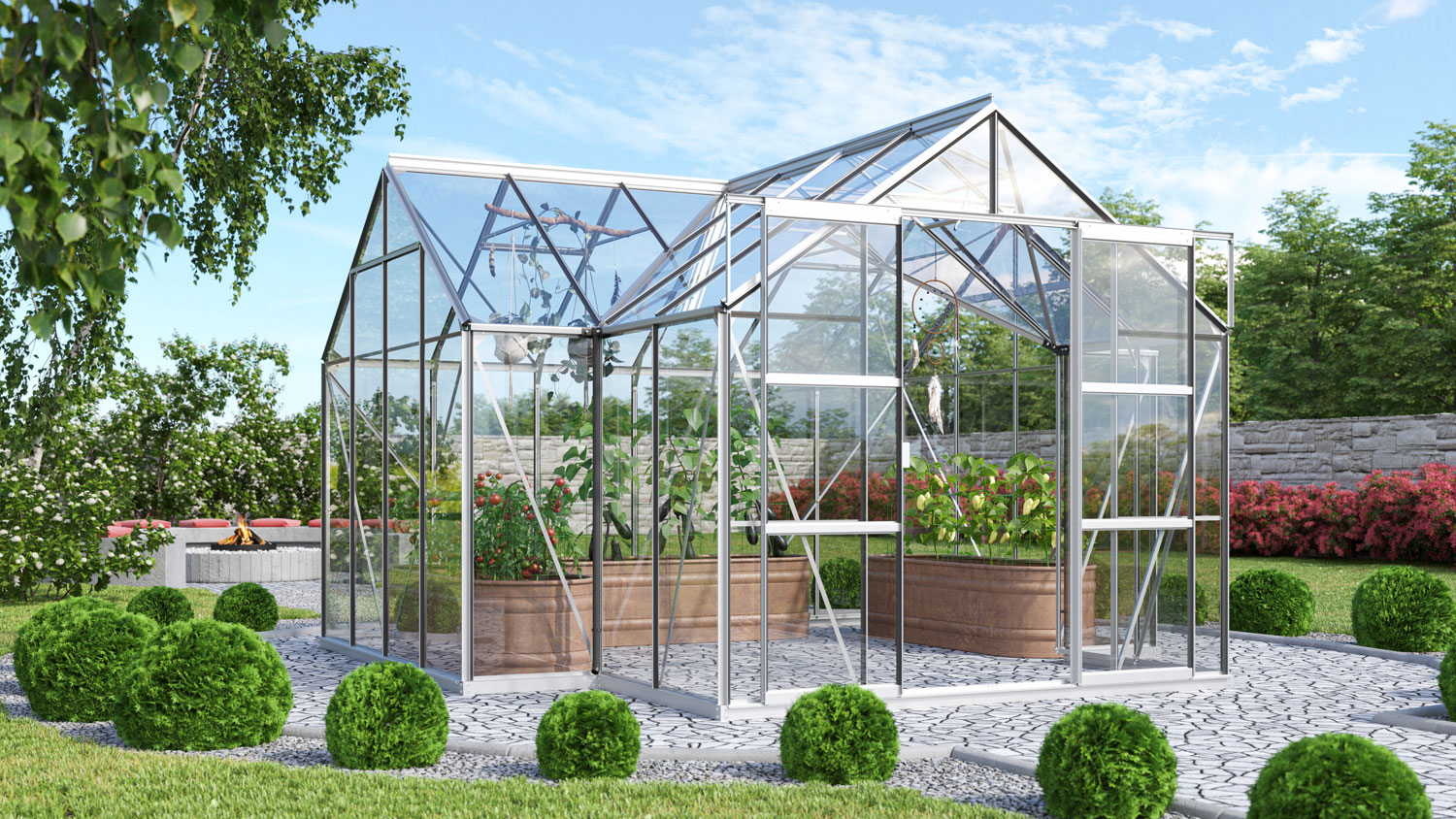 Gewächshaus Sirona 13000 mit Kreuzdach, Farbe: Aluminium eloxiert, verglast mit: Sicherheitsglas (ESG)