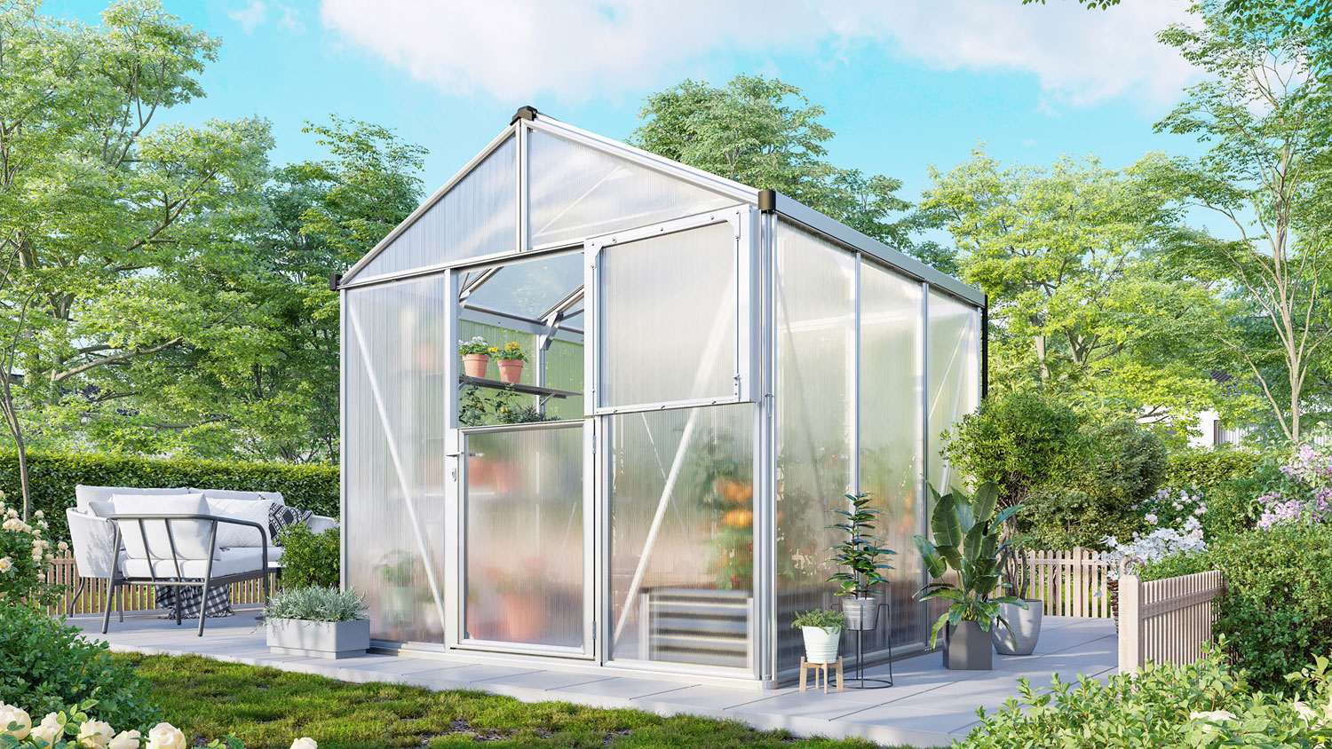 Gewächshaus Zeus 6200 mit Satteldach, Farbe: Aluminium eloxiert, verglast mit: Hohlkammerplatten (HKP)