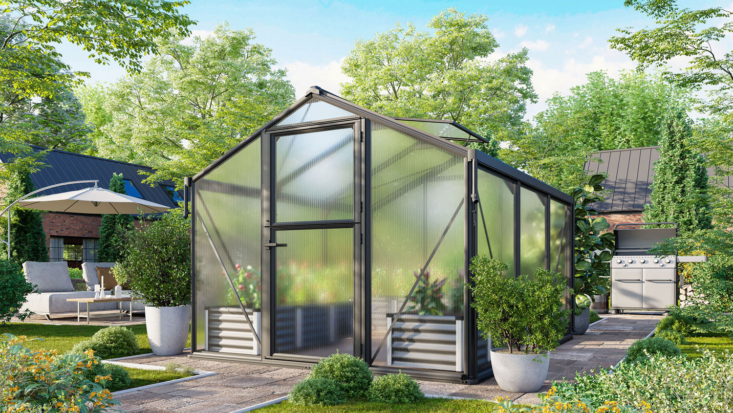 Gewächshaus Deimos 8500, Farbe: Schwarz pulverbeschichtet, verglast mit: Hohlkammerplatten (HKP)