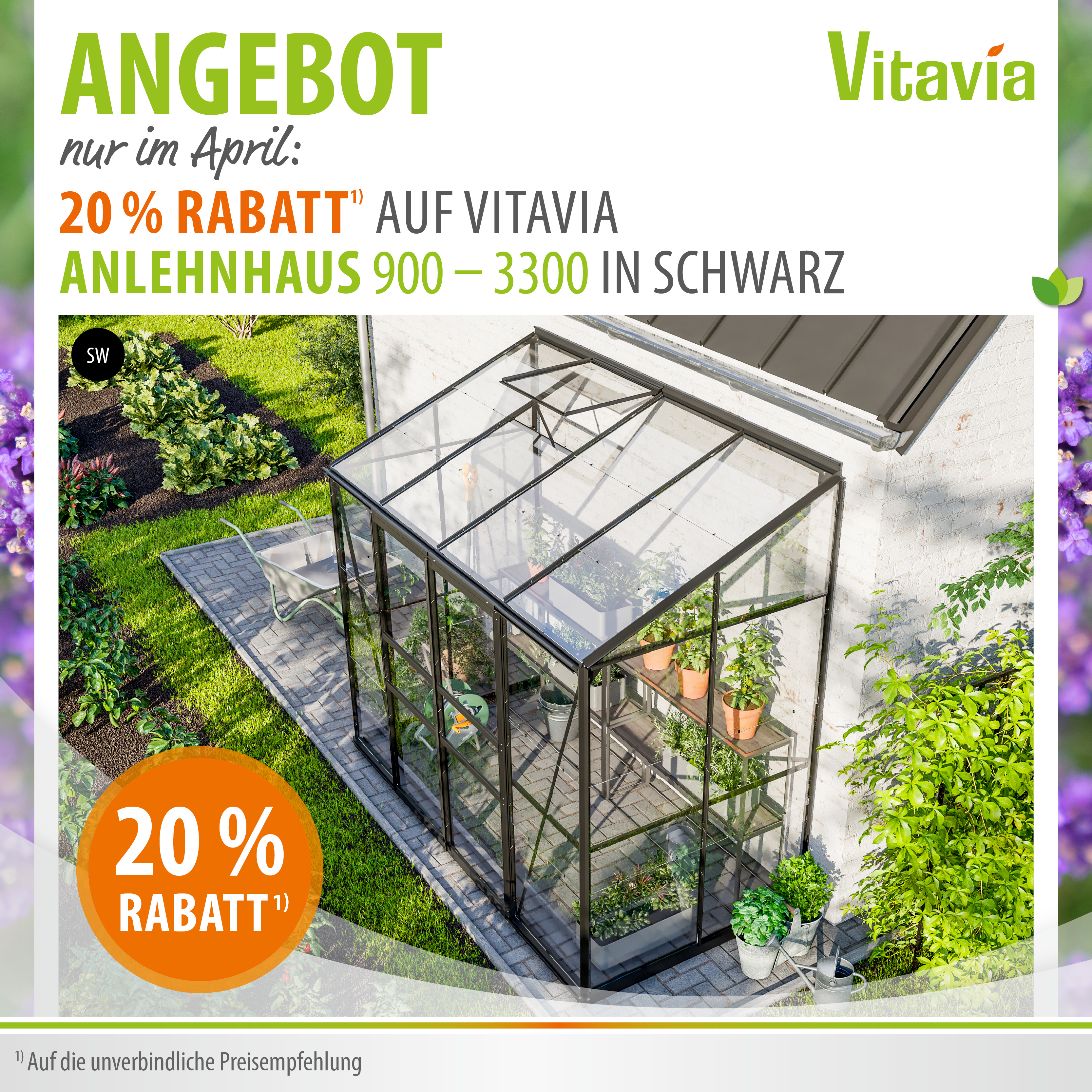 Werbebanner April 2026 20% auf Vitavia Anlehngewächshaus