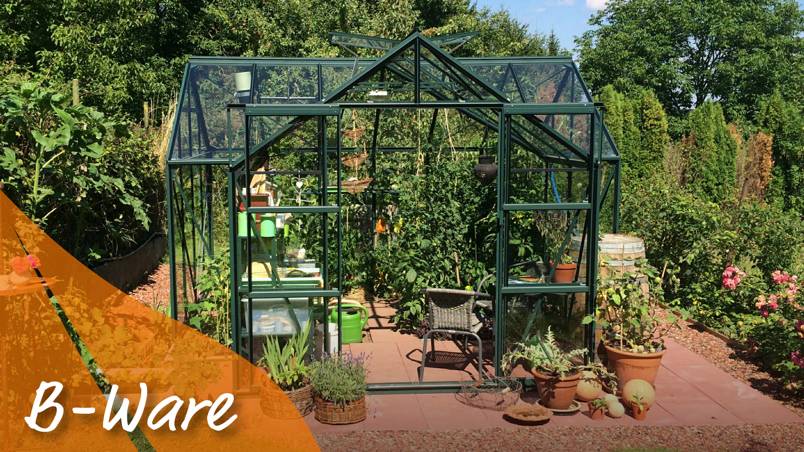 Vollverglast und in Smaragd: Sondermodell Sirius 13000 mit Kreuzdach, Farbe: Smaragd pulverbeschichtet, verglast mit: Sicherheitsglas (ESG)