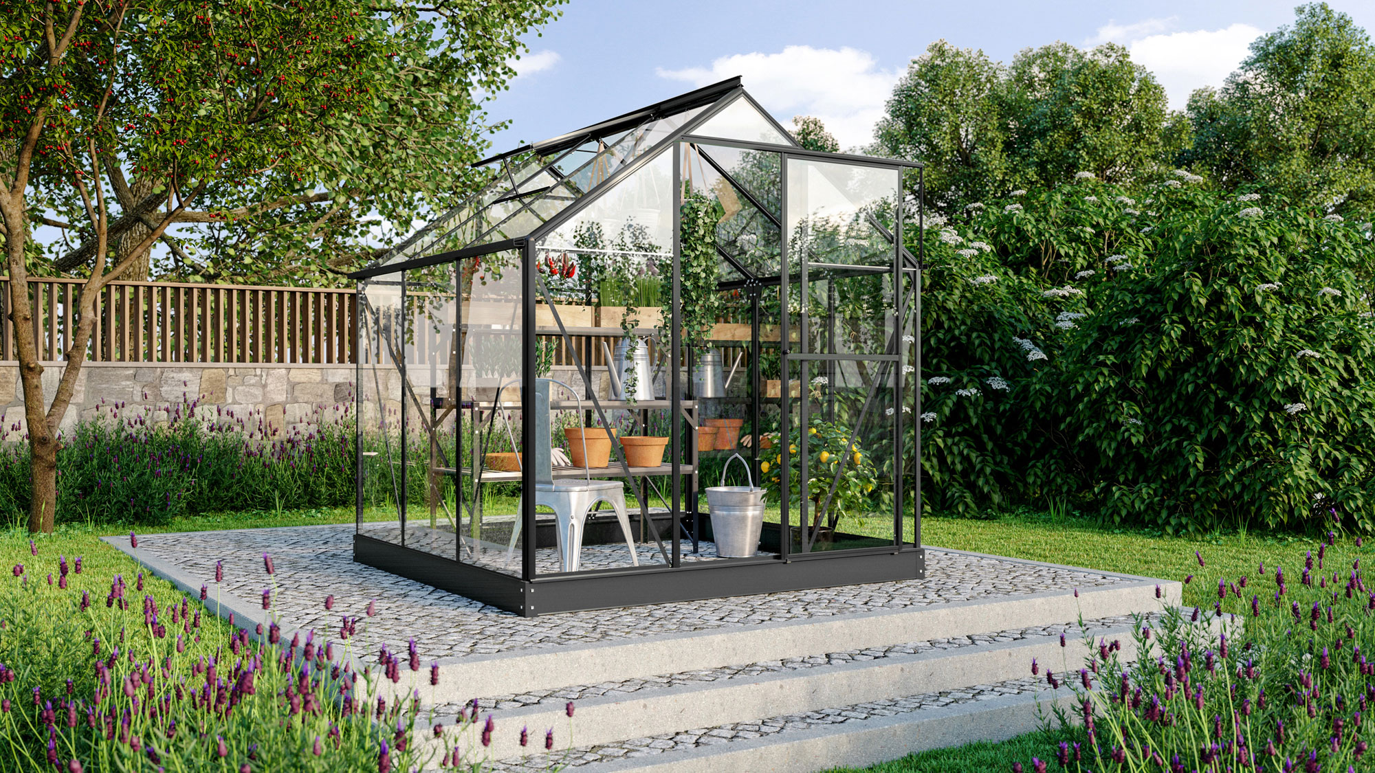 Gewächshaus Triton im Sonderangebot 3800, Farbe: Schwarz pulverbeschichtet, verglast mit: Sicherheitsglas (ESG)