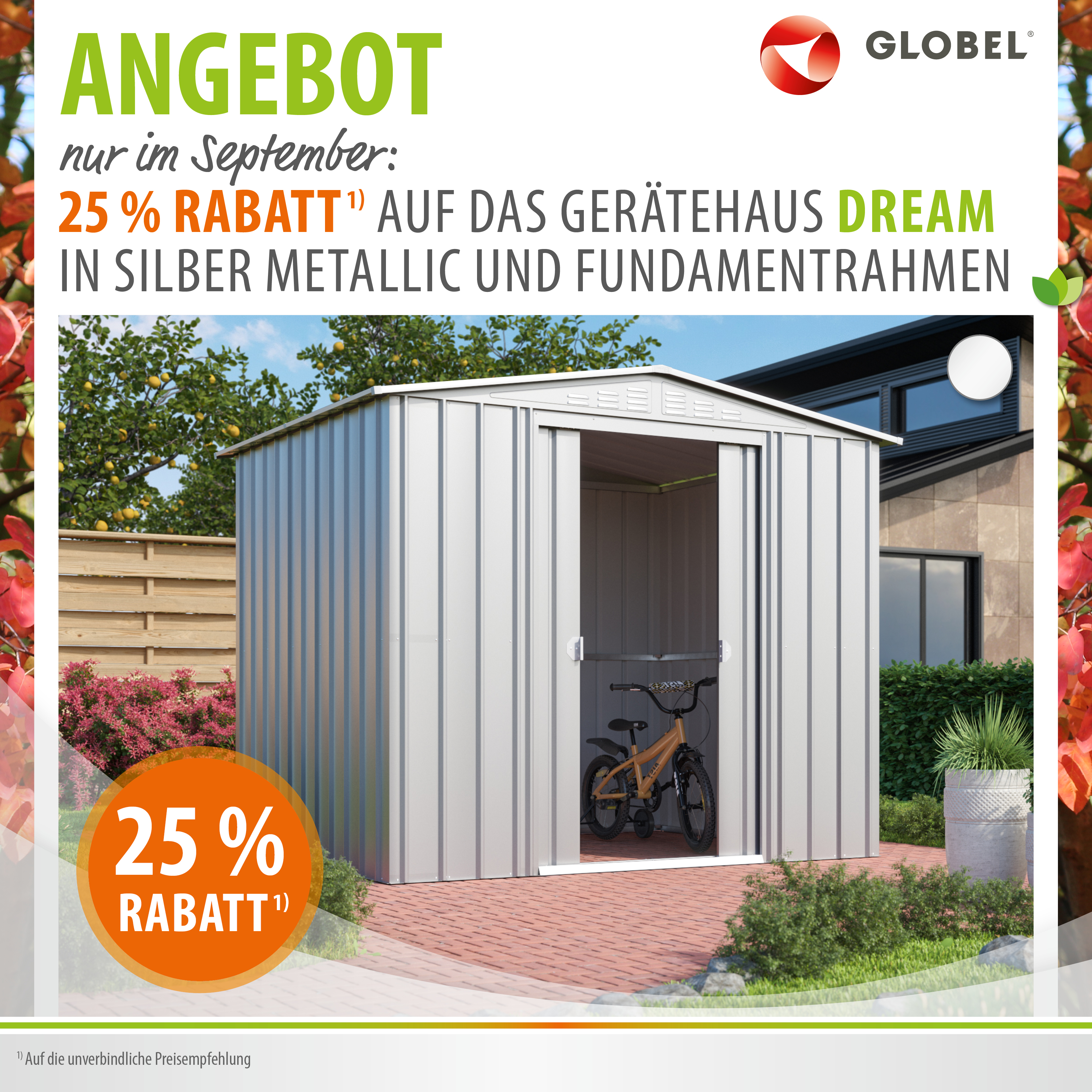 Aktions-Banner September 2025 25% auf Gerätehaus Dream, Silber Metallic