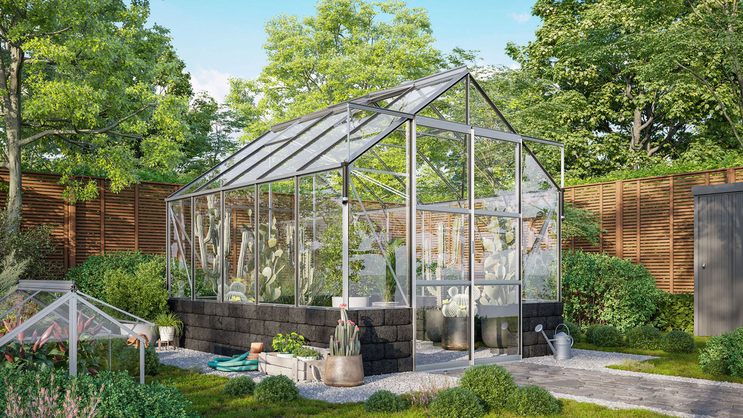 Gewächshaus Cassandra-Set mit Sockel 8300 mit Satteldach, Farbe: Aluminium eloxiert, verglast mit: Sicherheitsglas (ESG)