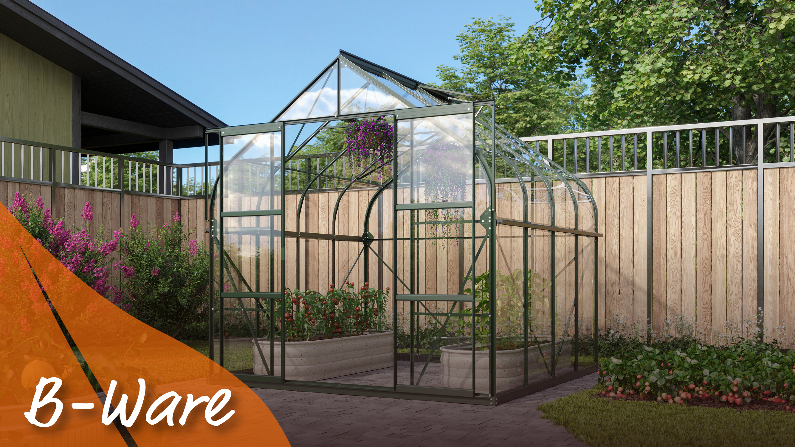 Gewächshaus Dione 6700 mit Glockendach, Farbe: Smaragd pulverbeschichtet, verglast mit: Sicherheitsglas (ESG)