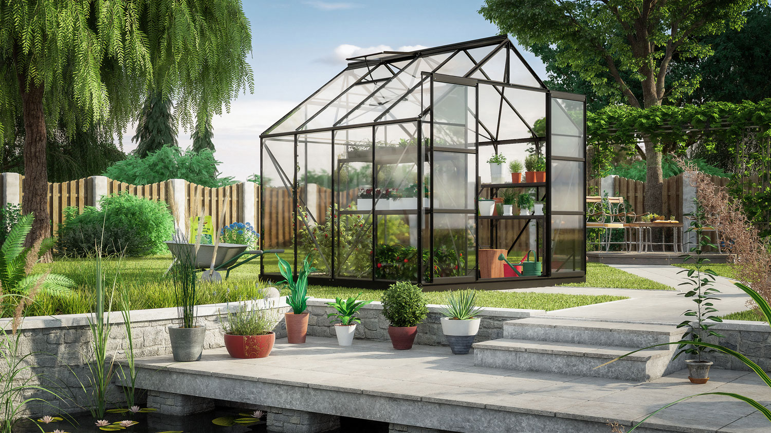 Gewächshaus Uranus 6700, Farbe: Schwarz pulverbeschichtet, verglast mit: Sicherheitsglas (ESG)