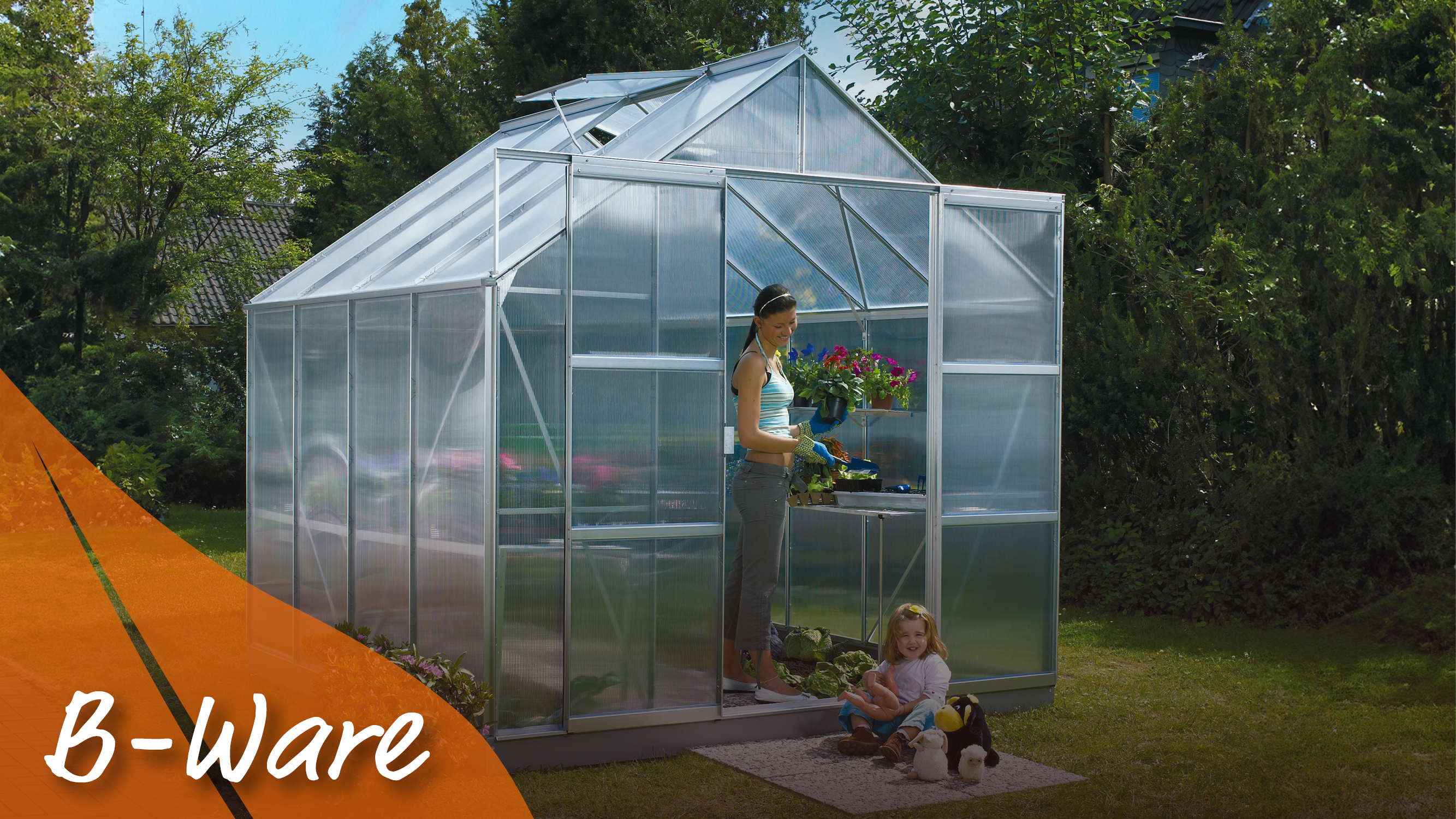 Gewächshaus Mars 6700 in Alu eloxiert 6700 mit Satteldach, Farbe: Aluminium eloxiert, verglast mit: Hohlkammerplatten (HKP)