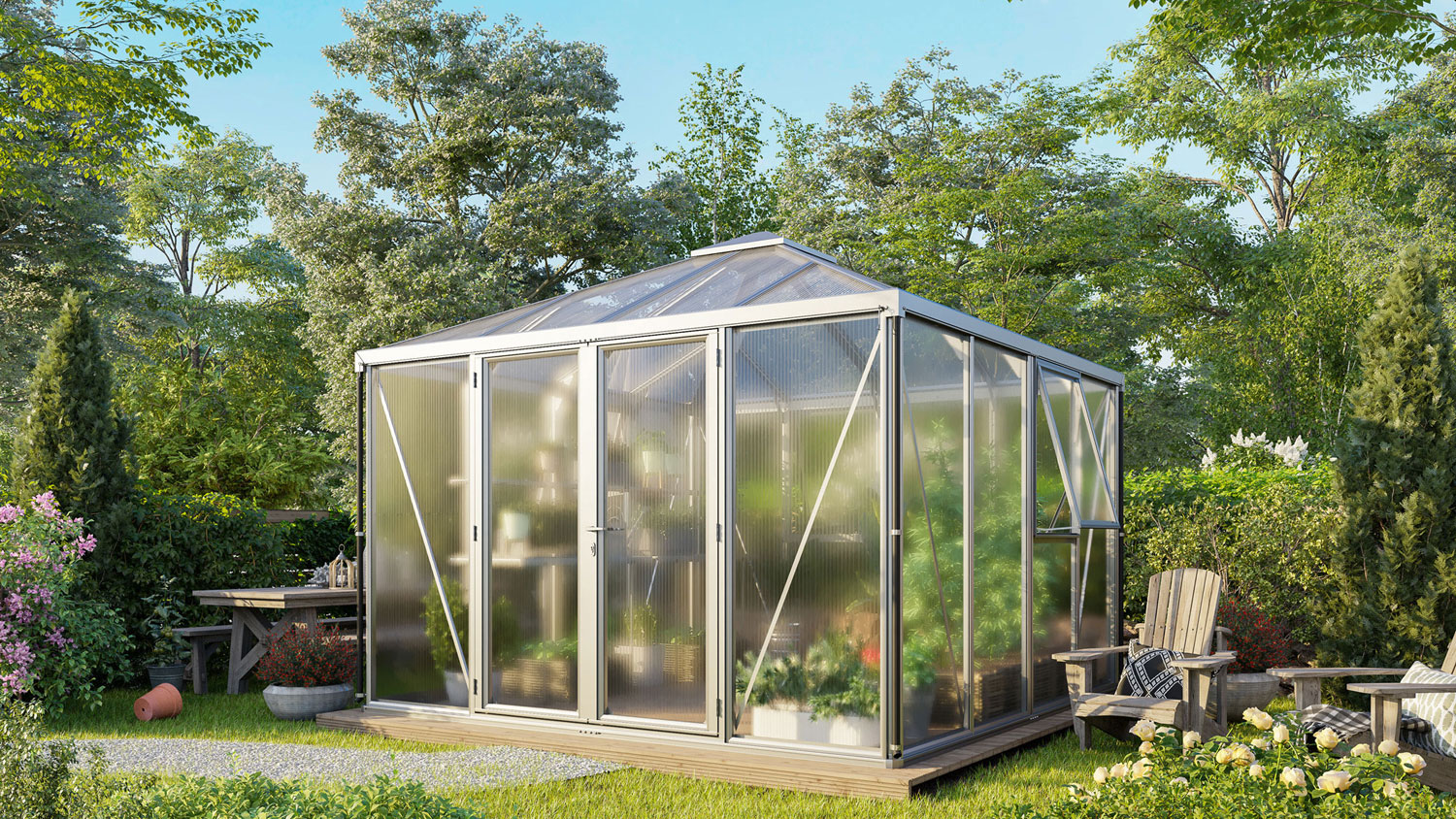 Gewächshaus-Set Kingston 10200 mit Pavillondach, Farbe: Aluminium eloxiert, verglast mit: Hohlkammerplatten (HKP)