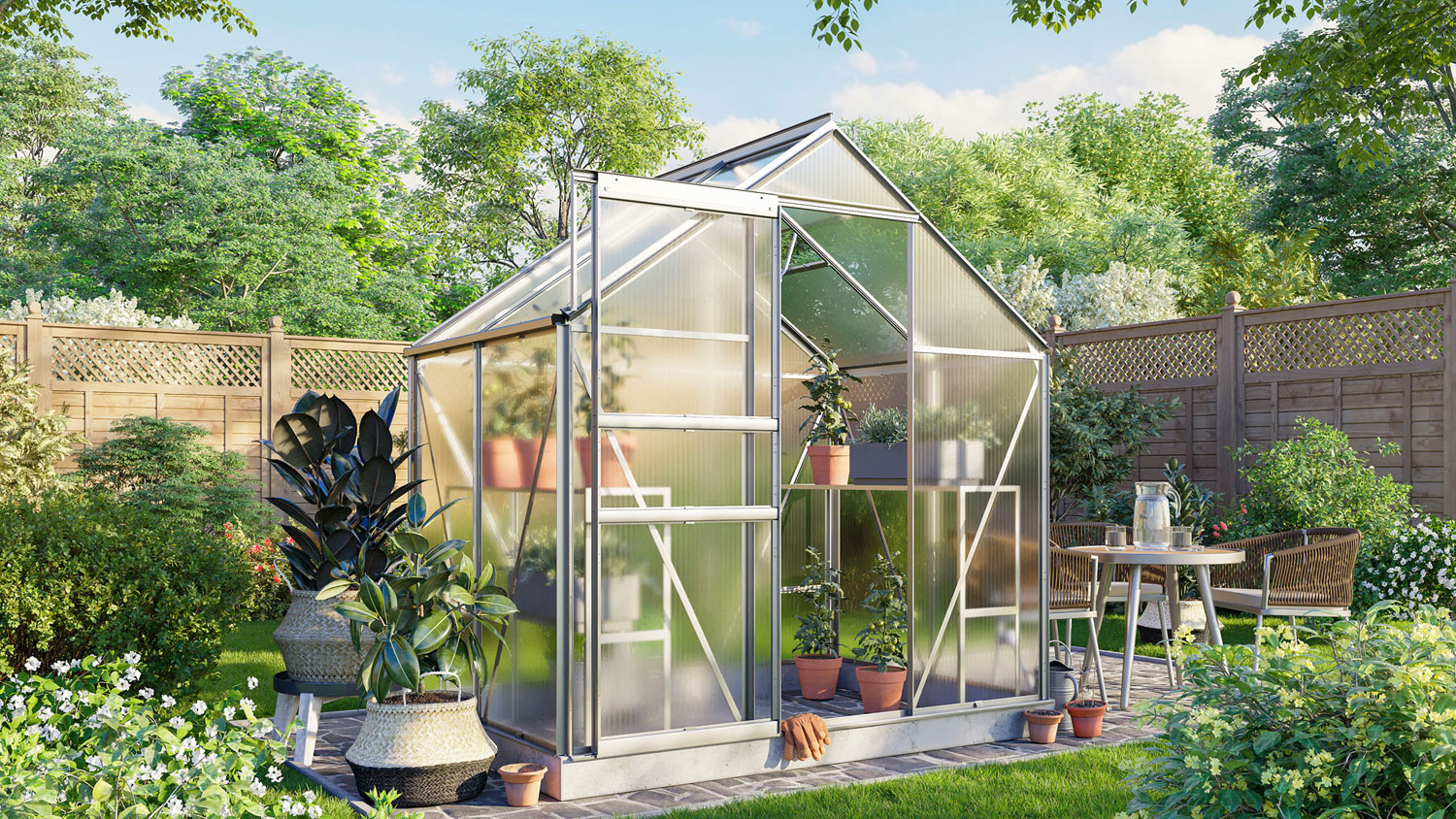 Gewächshaus Comet 2500 mit Satteldach, Farbe: Aluminium eloxiert, verglast mit: Hohlkammerplatten (HKP)