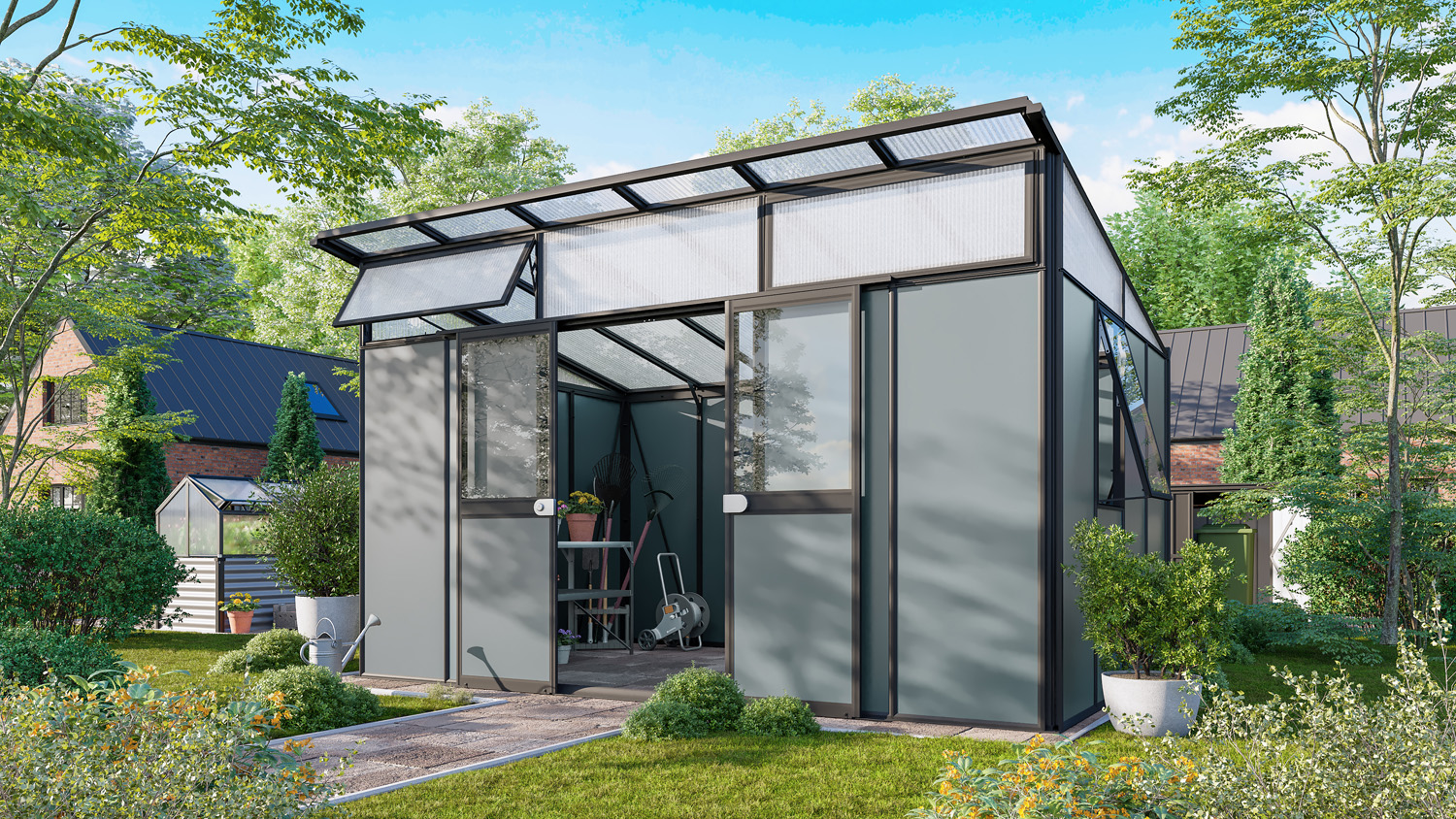 Premium Gerätehaus Kosmos 11500, Farbe: Schwarz pulverbeschichtet, verglast mit: Sicherheitsglas (ESG)