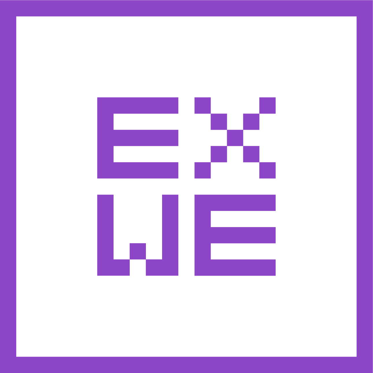 Logo von EXWE, gehalten in Lila, Die Buchstaben sind in einem Quadrat platziert und in Pixeloptik