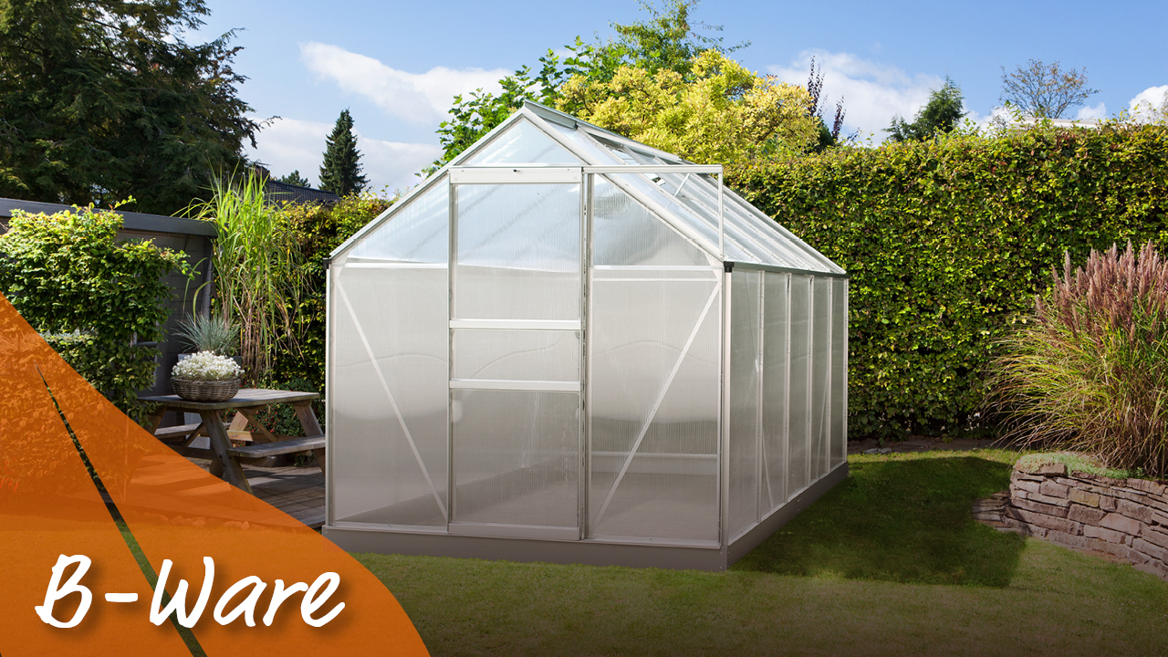 Gewächshaus Calypso 7300 mit Satteldach, Farbe: Aluminium eloxiert, verglast mit: Hohlkammerplatten (HKP)