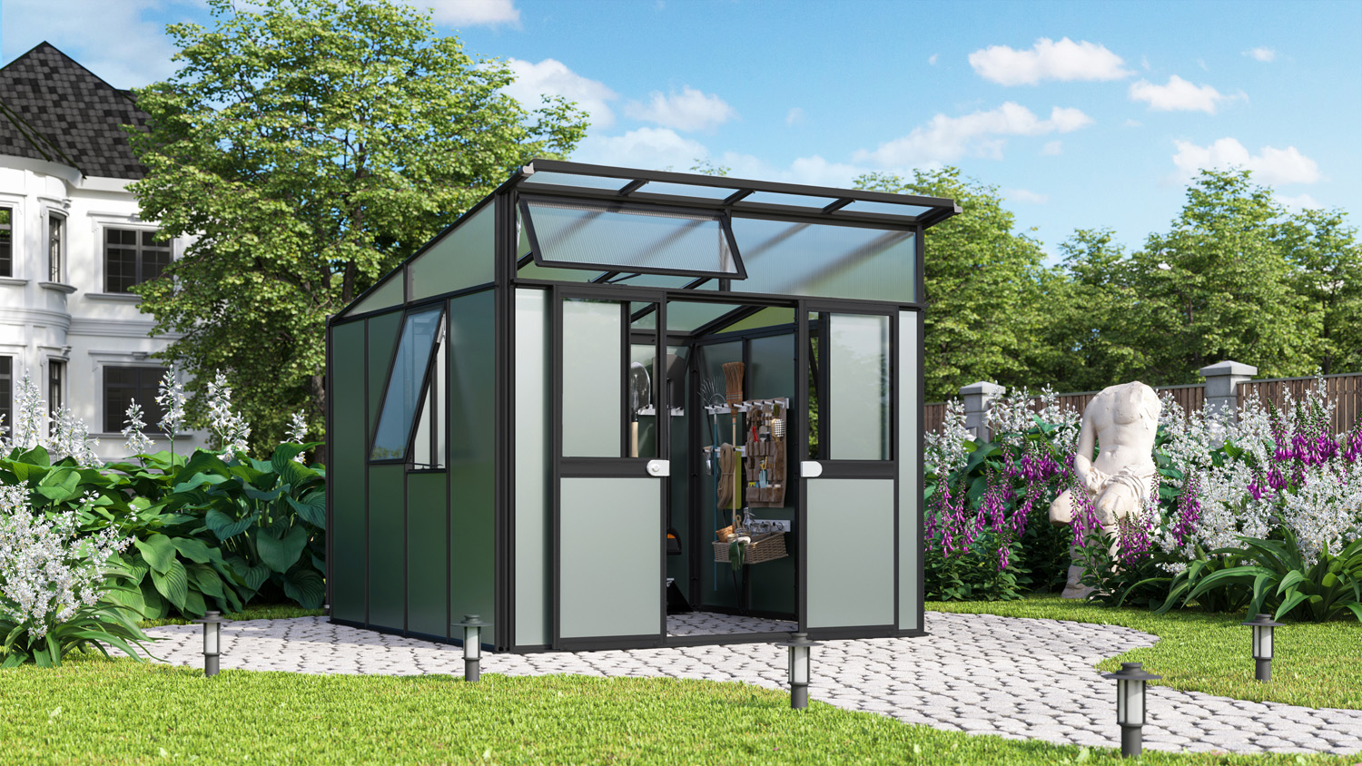 Premium Gerätehaus Kosmos 7800, Farbe: Schwarz pulverbeschichtet, verglast mit: Sicherheitsglas (ESG)