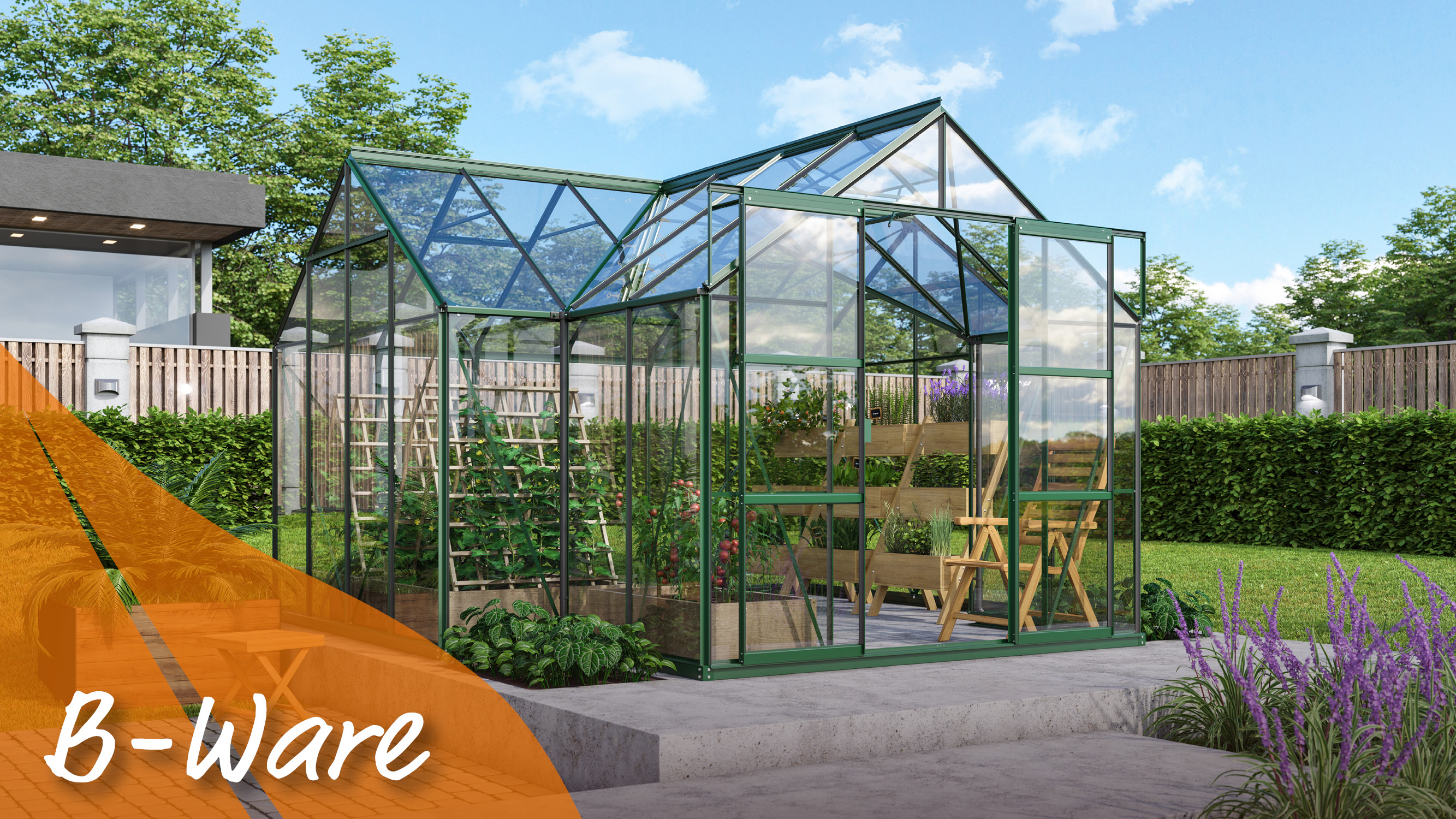 Vollverglast und in Smaragd: Sondermodell Sirius 13000 mit Kreuzdach, Farbe: Smaragd pulverbeschichtet, verglast mit: Sicherheitsglas (ESG)