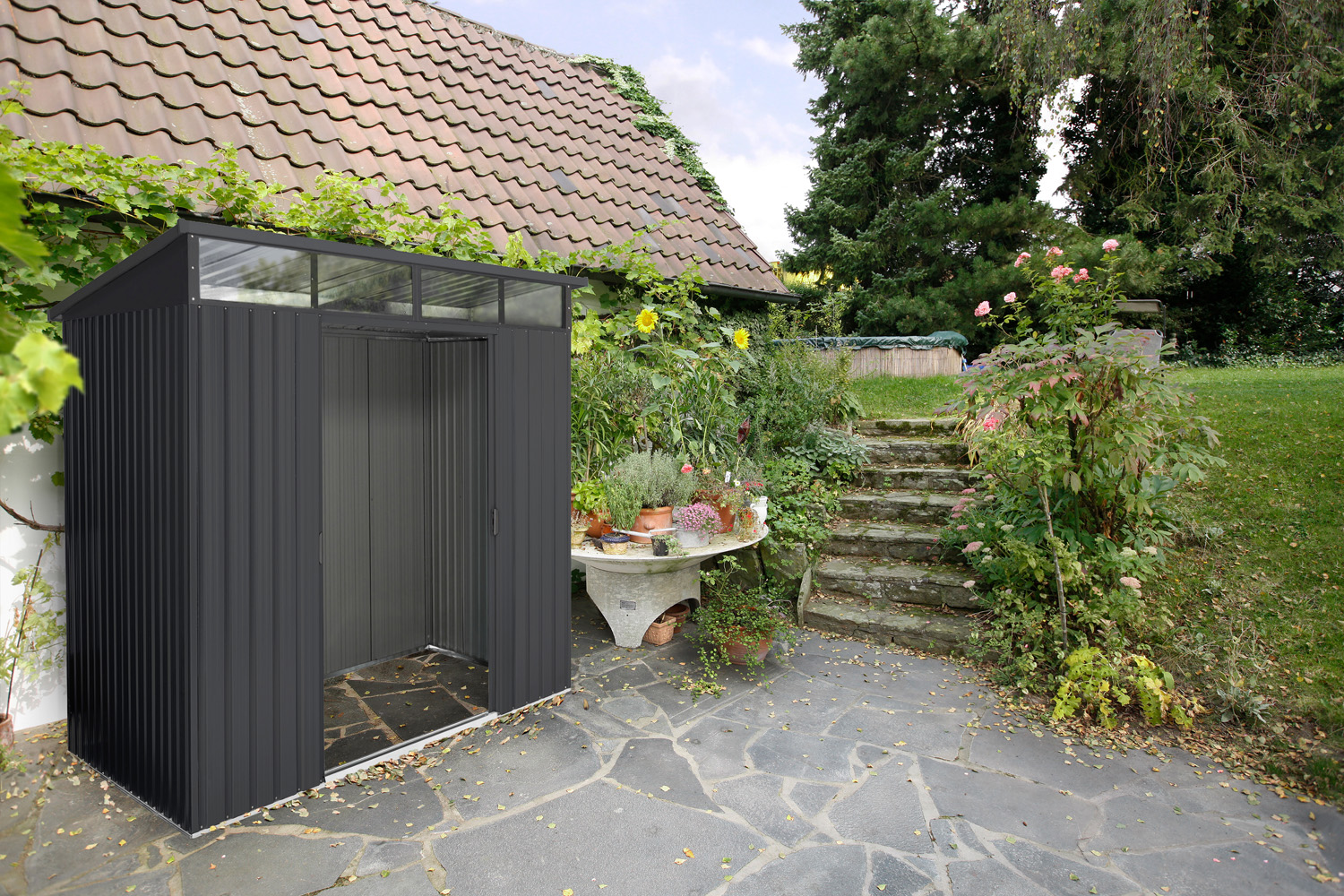 Gerätehaus Lübeck 86 mit Pultdach, Farbe: Anthrazit matt