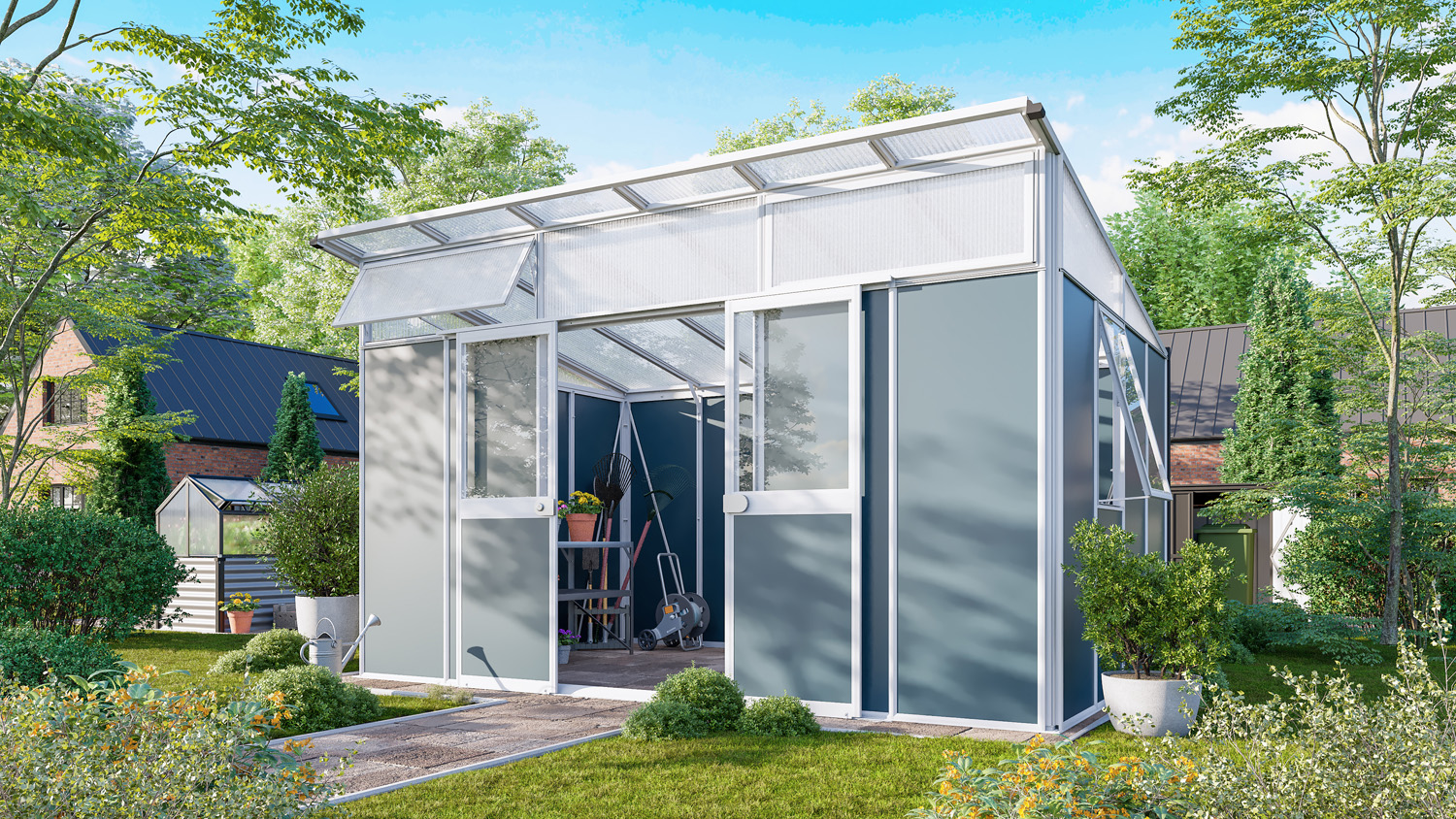 Premium Gerätehaus Kosmos 11500, Farbe: Weiß pulverbeschichtet, verglast mit: Sicherheitsglas (ESG)