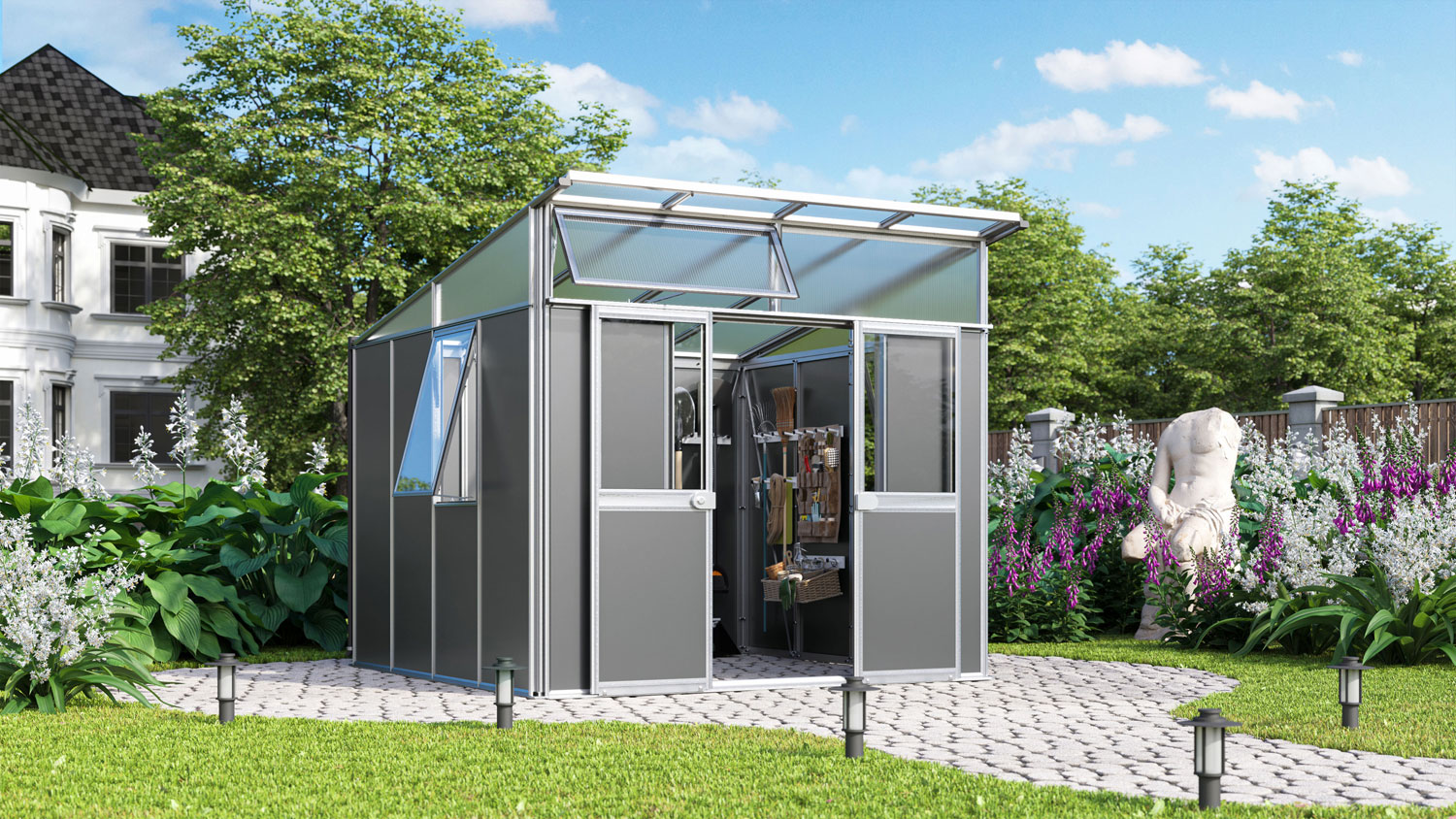 Premium Gerätehaus Kosmos Sondermodell 7800 mit Pultdach, Farbe: Aluminium eloxiert, verglast mit: Sicherheitsglas (ESG)