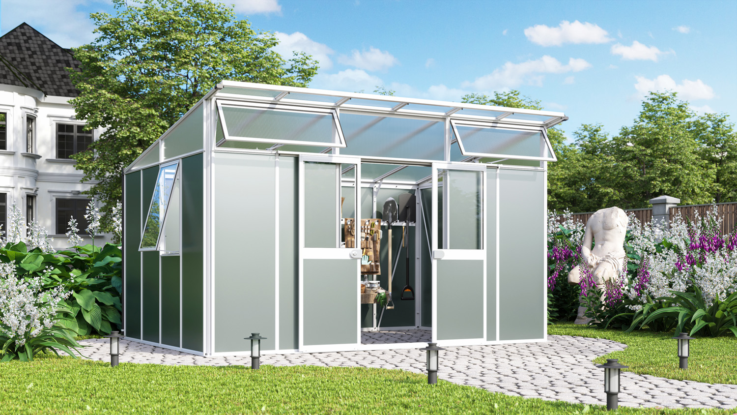 Premium Gerätehaus Kosmos 11500, Farbe: Weiß pulverbeschichtet, verglast mit: Sicherheitsglas (ESG)
