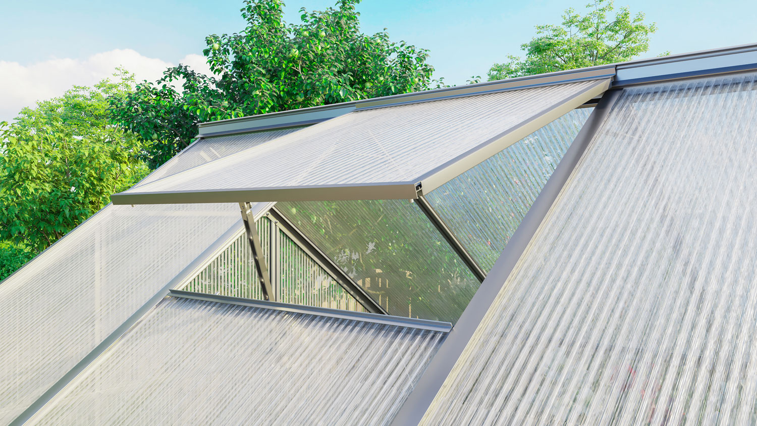 Detailaufnahme: Dachfenster vom Gewächshaus Triton Modellgrößen 2500-7500 in alu eloxiert