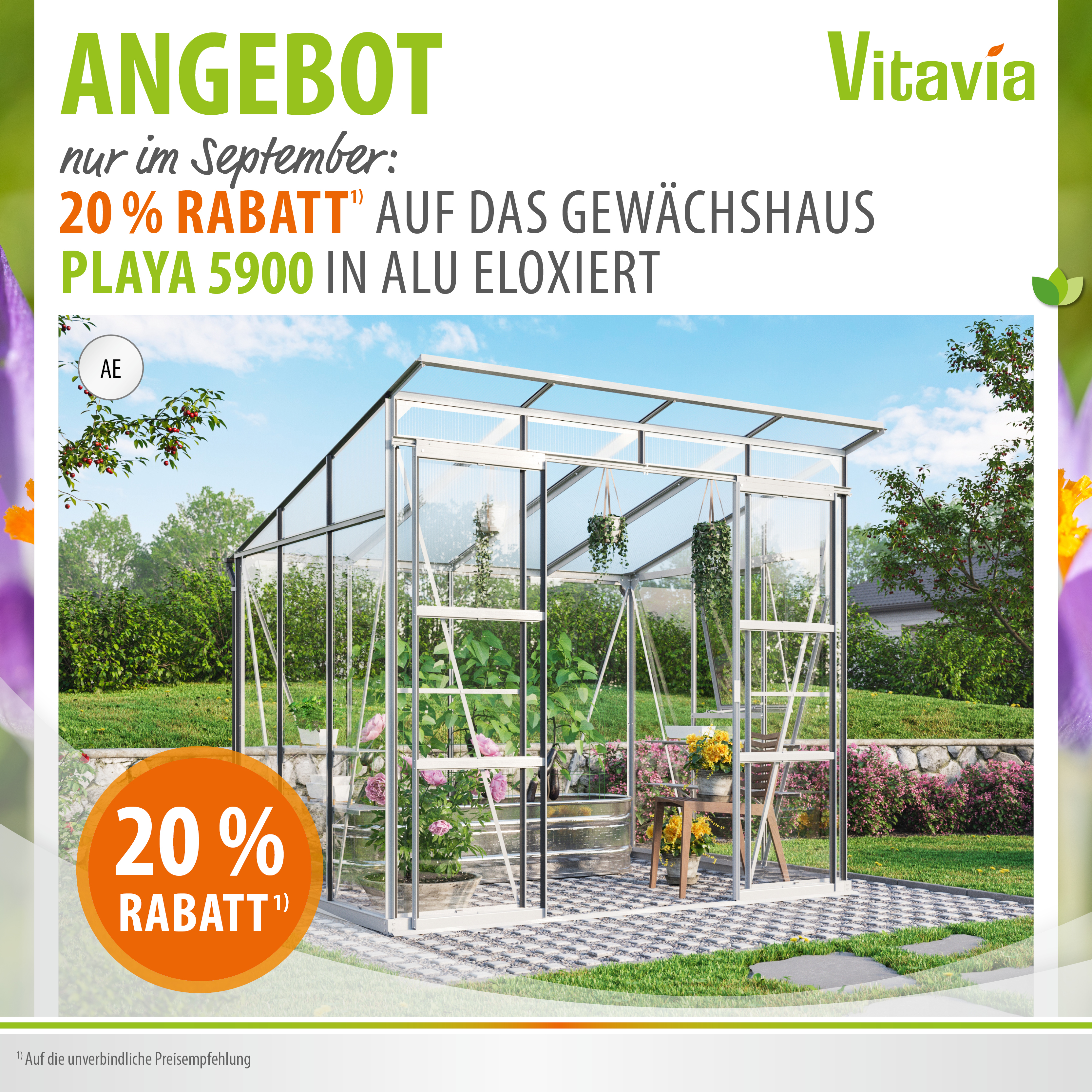 Aktions-Banner September 2025 20% auf Gewächshaus Playa 5900, Alu eloxiert