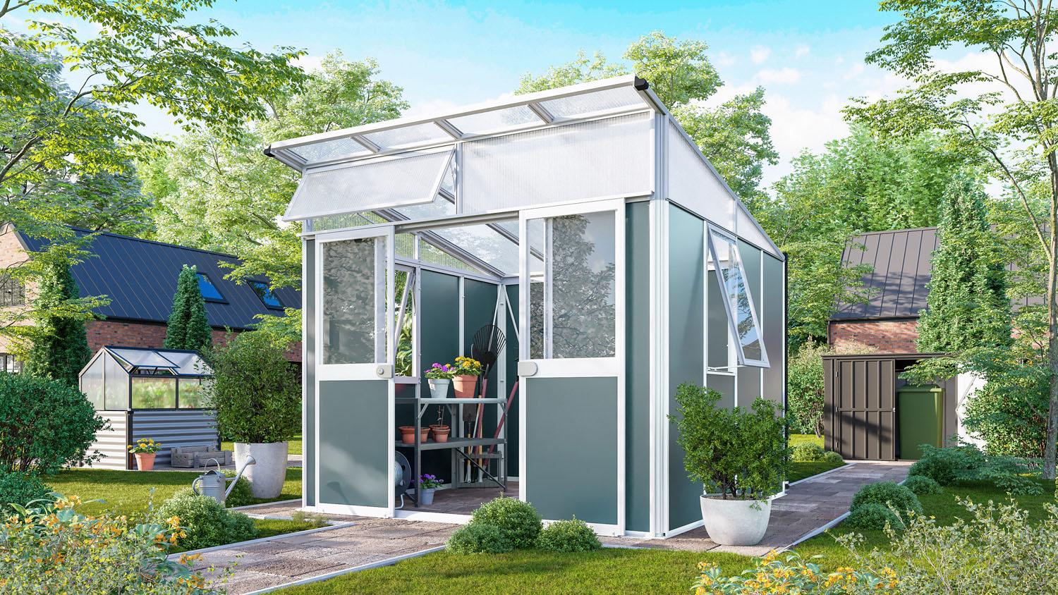 Premium Gerätehaus Kosmos 7800, Farbe: Weiß pulverbeschichtet, verglast mit: Sicherheitsglas (ESG)
