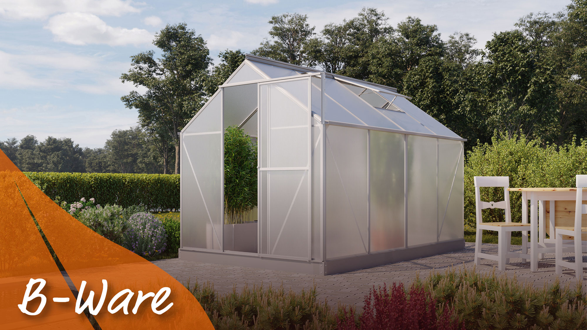 Gewächshaus Eos 6000, Farbe: Aluminium eloxiert, verglast mit: Hohlkammerplatten (HKP)