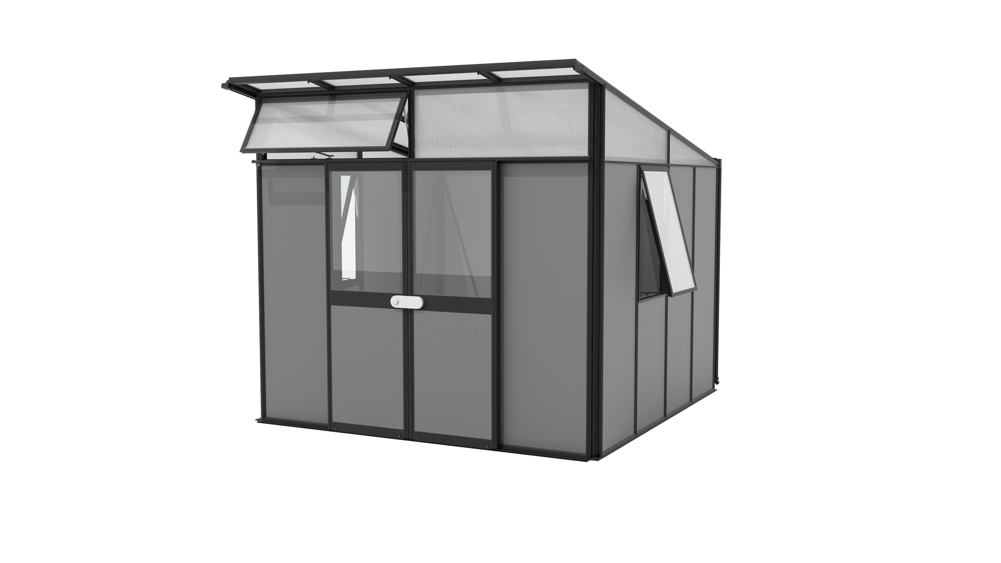 Premium Gerätehaus Kosmos Sondermodell 7800 mit Pultdach, Farbe: Schwarz pulverbeschichtet, verglast mit: Sicherheitsglas (ESG)