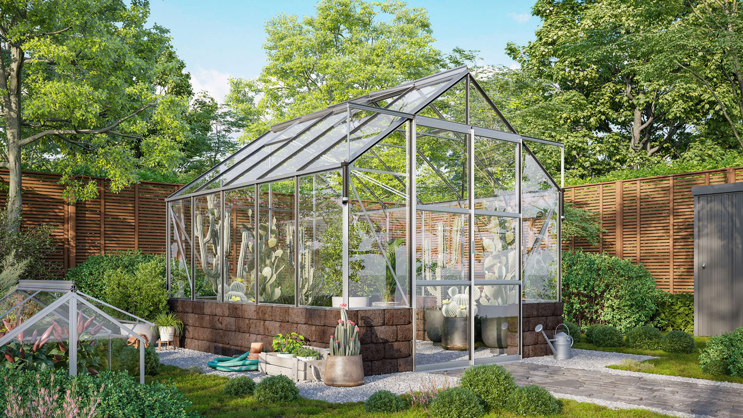 Gewächshaus Cassandra-Set mit Sockel 8300, Farbe: Aluminium eloxiert, verglast mit: Sicherheitsglas (ESG)