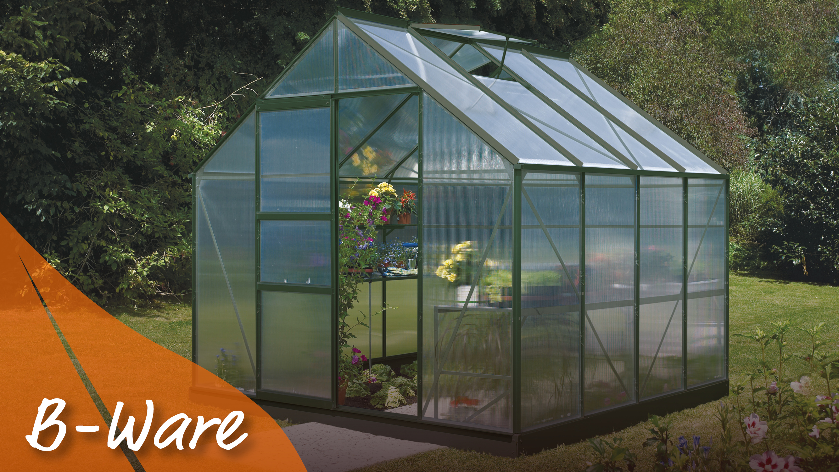 Gewächshaus Merkur 6700 mit Satteldach, Farbe: Smaragd pulverbeschichtet, verglast mit: Hohlkammerplatten (HKP)