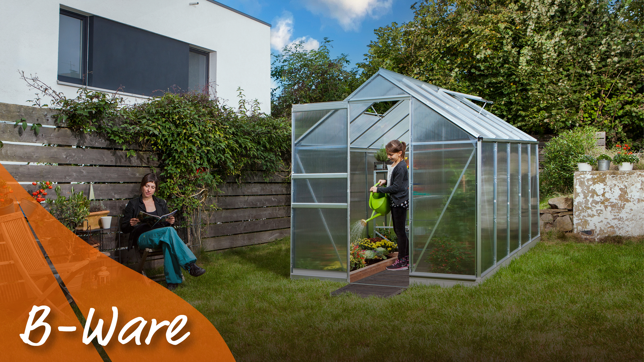 Gewächshaus Apollo 6200 mit Satteldach, Farbe: Aluminium eloxiert, verglast mit: Hohlkammerplatten (HKP)