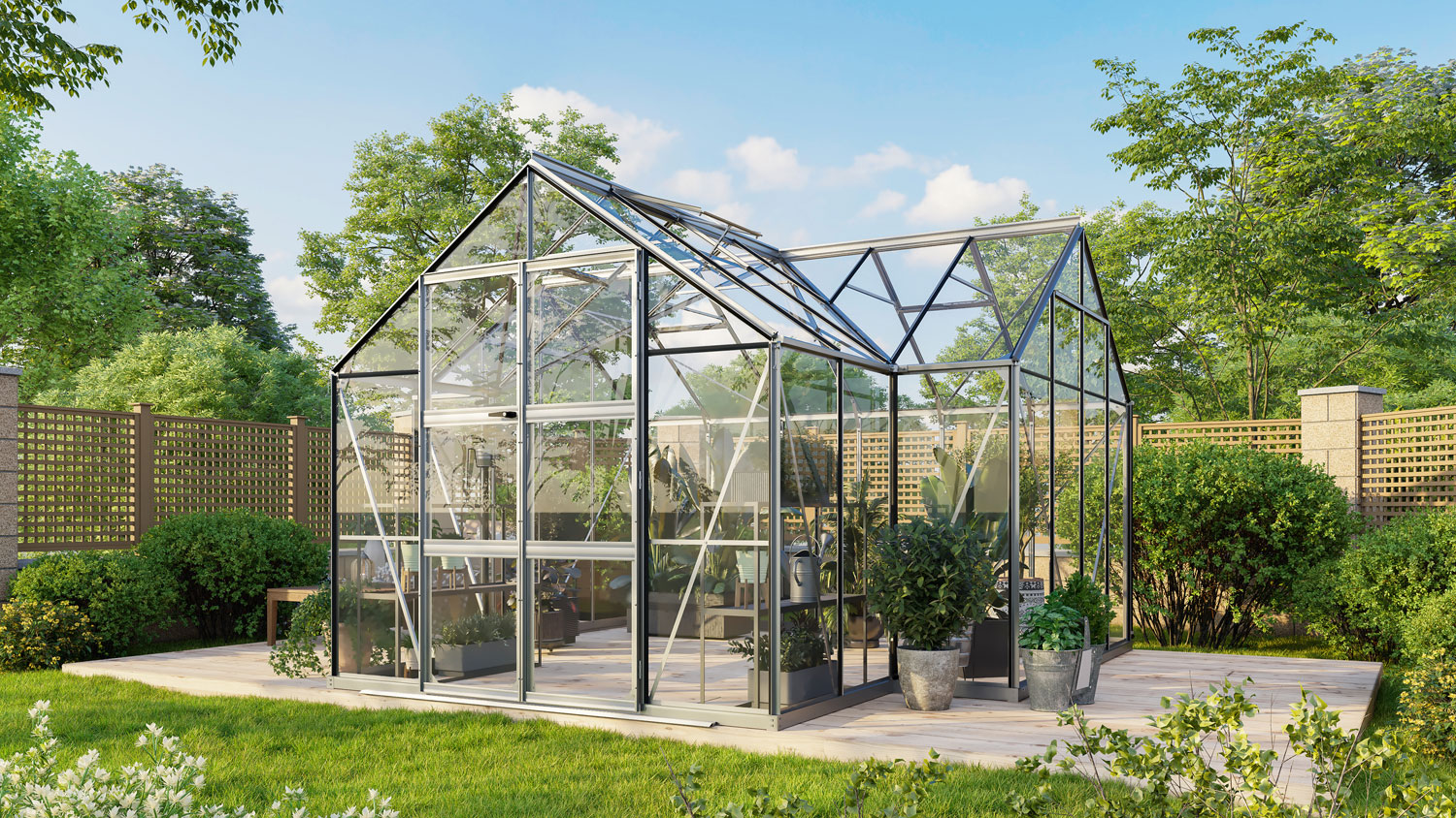 Gewächshaus Clarus 13000 mit Kreuzdach, Farbe: Aluminium eloxiert, verglast mit: Sicherheitsglas (ESG)