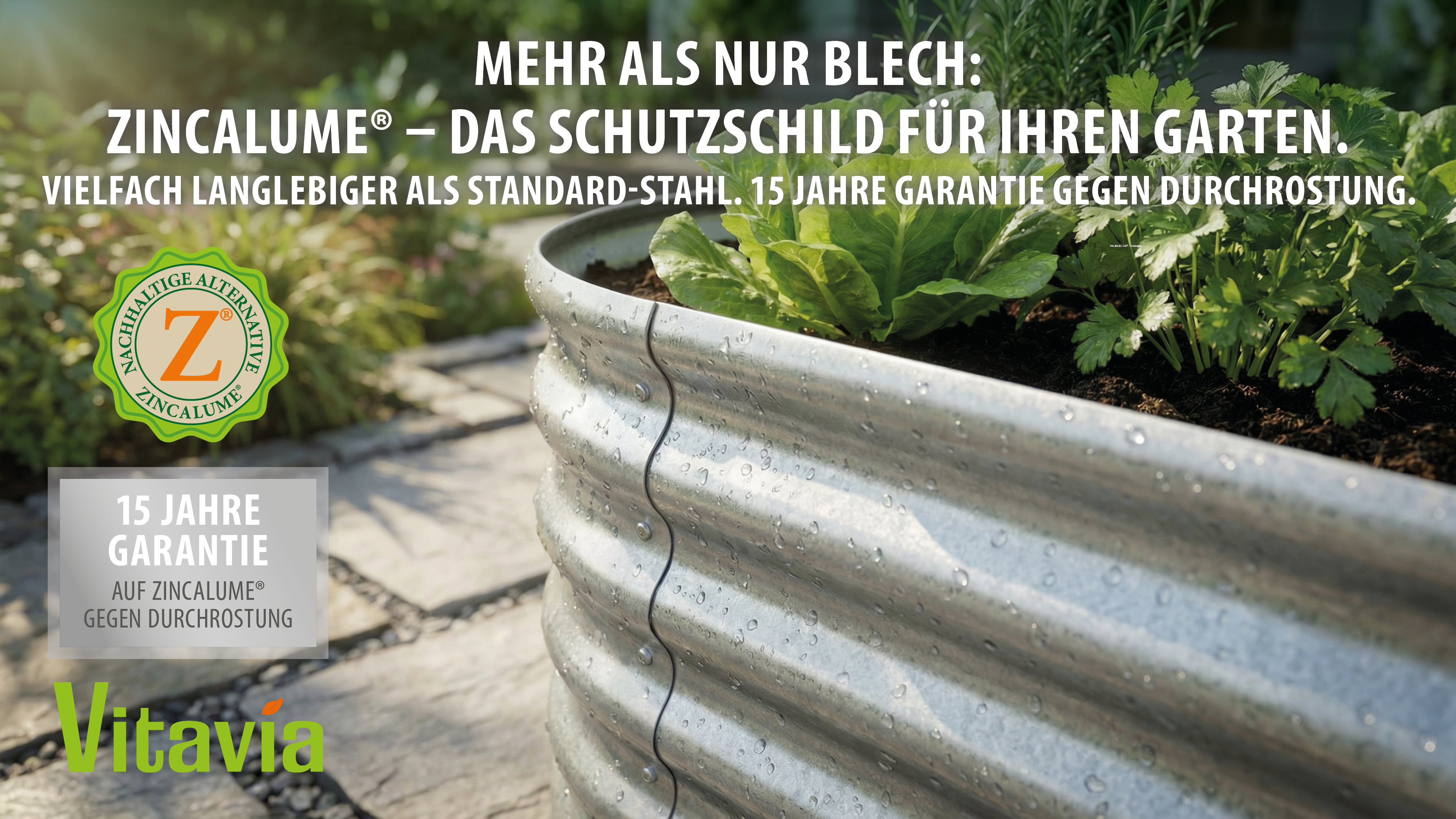 Mehr als nur Blech: Zincalume - Das Schutzschild für Ihren Garten. Vielfach haltbarer als Standard-Stahl. 15 Jahre Garantie gegen Durchrostung.