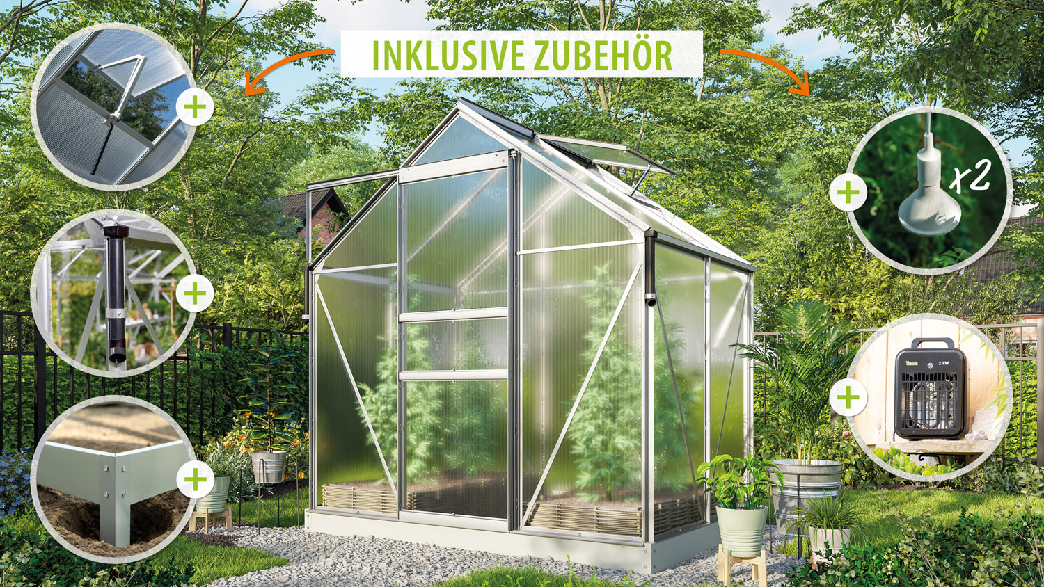 Gewächshaus-Set Marley 2500 mit Satteldach, Farbe: Aluminium eloxiert, verglast mit: Hohlkammerplatten (HKP)
