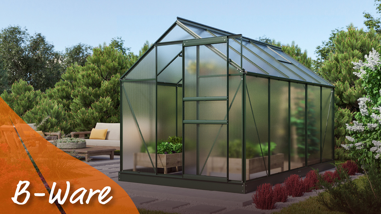 Gewächshaus Comet 6200 mit Satteldach, Farbe: Smaragd pulverbeschichtet, verglast mit: Hohlkammerplatten (HKP)