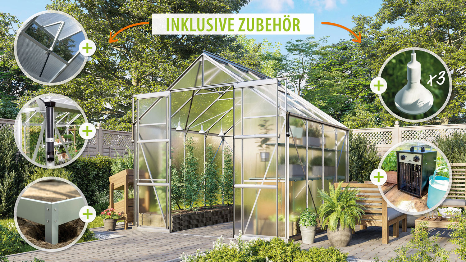 Gewächshaus-Set Jamaika 6700 mit Satteldach, Farbe: Aluminium eloxiert, verglast mit: Hohlkammerplatten (HKP)