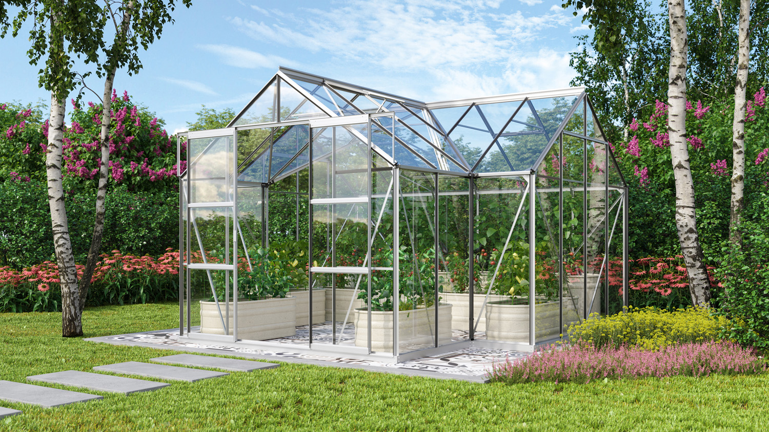 Gewächshaus Sirona 13000 mit Kreuzdach, Farbe: Aluminium eloxiert, verglast mit: Sicherheitsglas (ESG)
