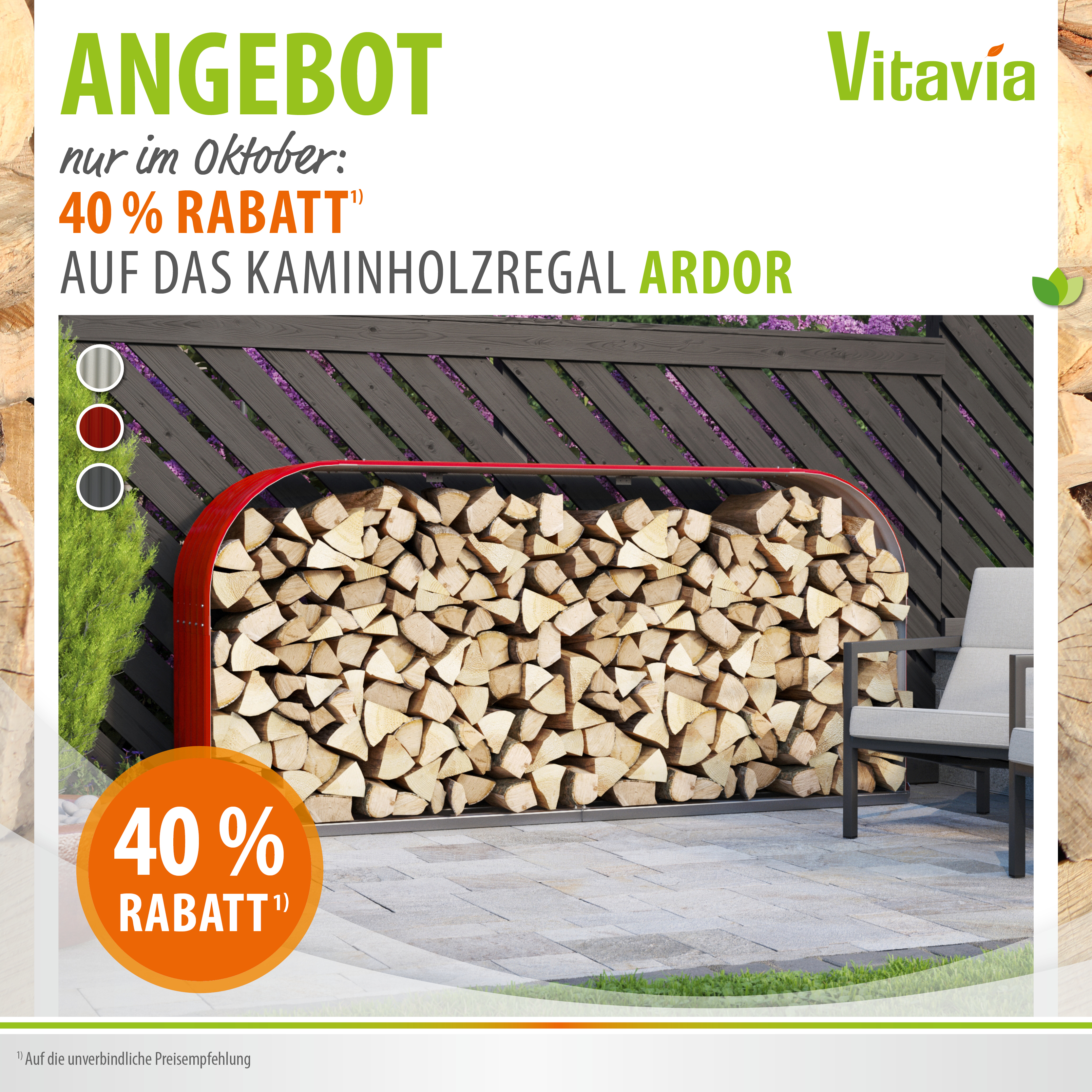 Aktions-Banner November 2025 20% auf Vitavia Kaminholzregal Ardor