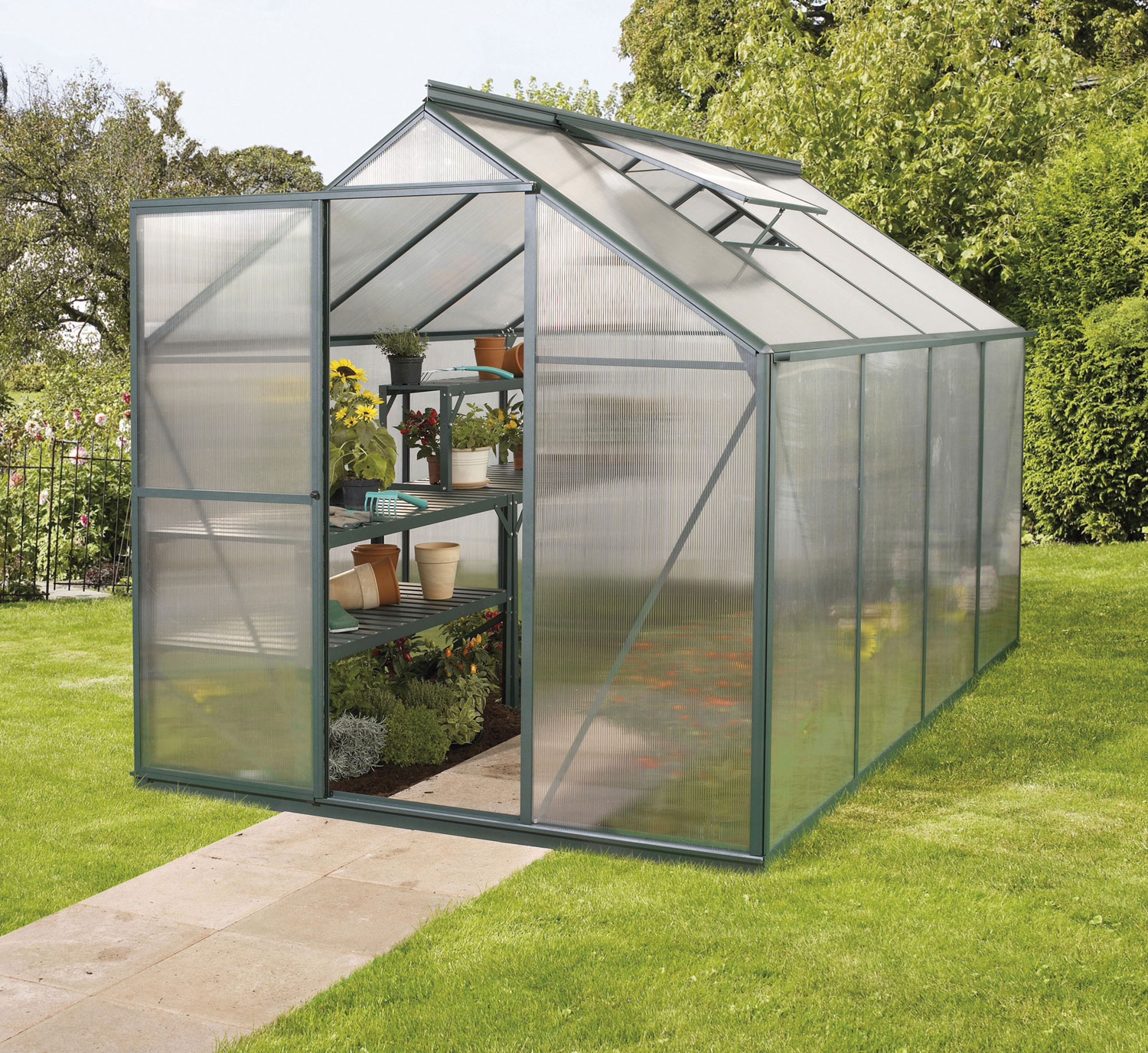Gewächshaus Triton 5000, Farbe: Smaragd pulverbeschichtet, verglast mit: Hohlkammerplatten (HKP)