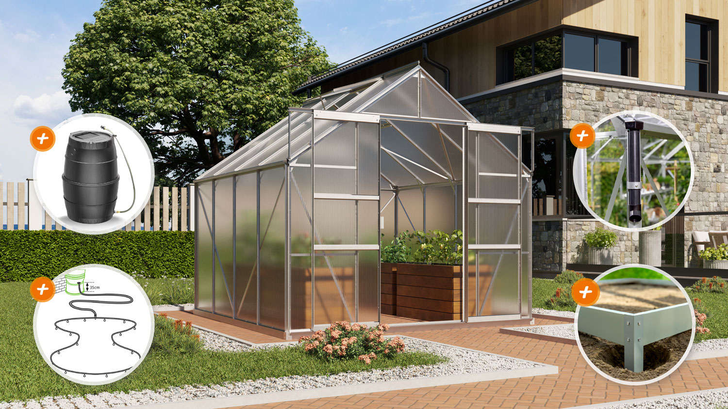 Gewächshaus-Set Mardi 6700 mit Satteldach, Farbe: Aluminium eloxiert, verglast mit: Hohlkammerplatten (HKP)