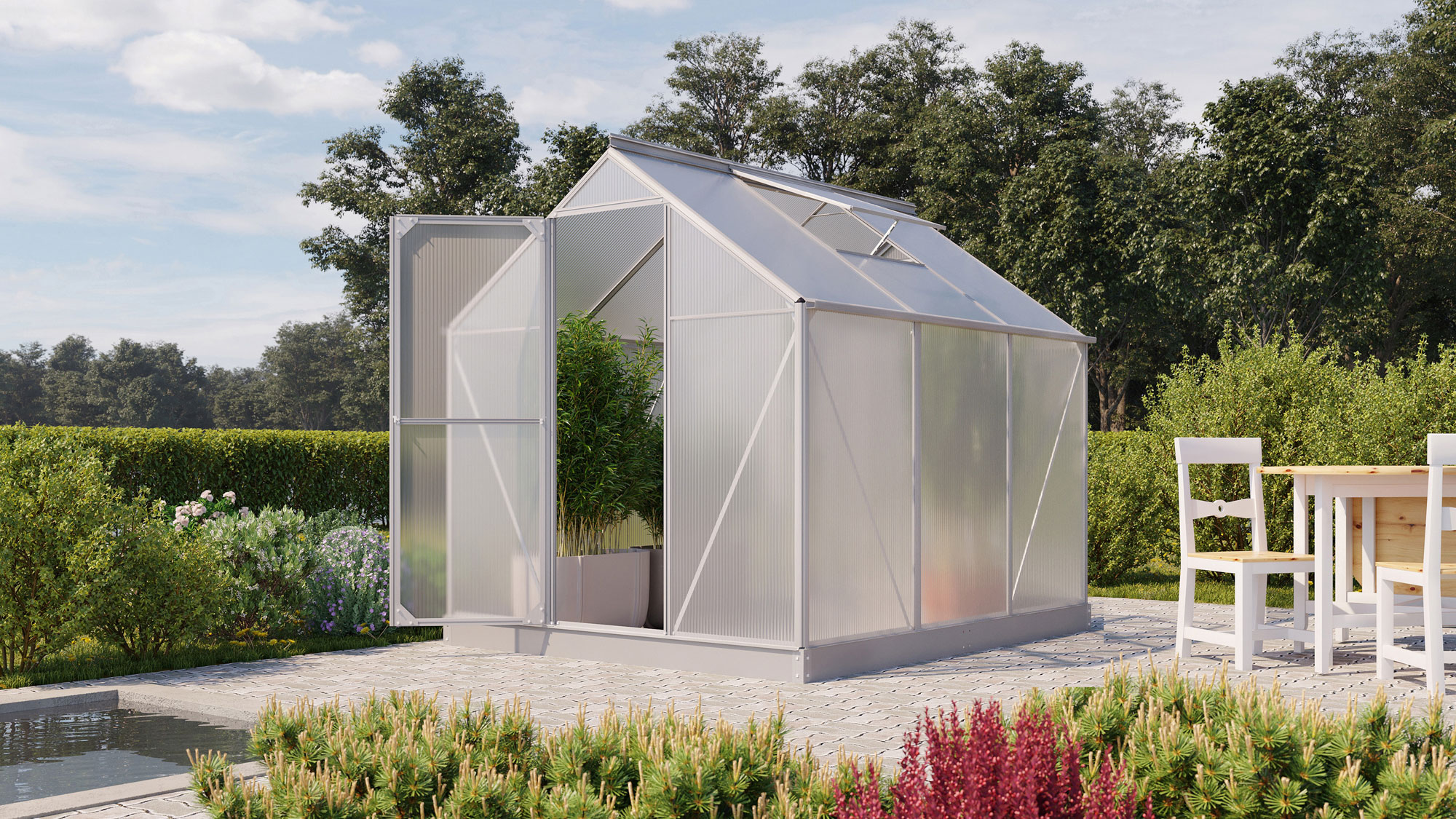 Gewächshaus Eos im Sonderangebot 4600 mit Satteldach, Farbe: Aluminium eloxiert, verglast mit: Hohlkammerplatten (HKP)