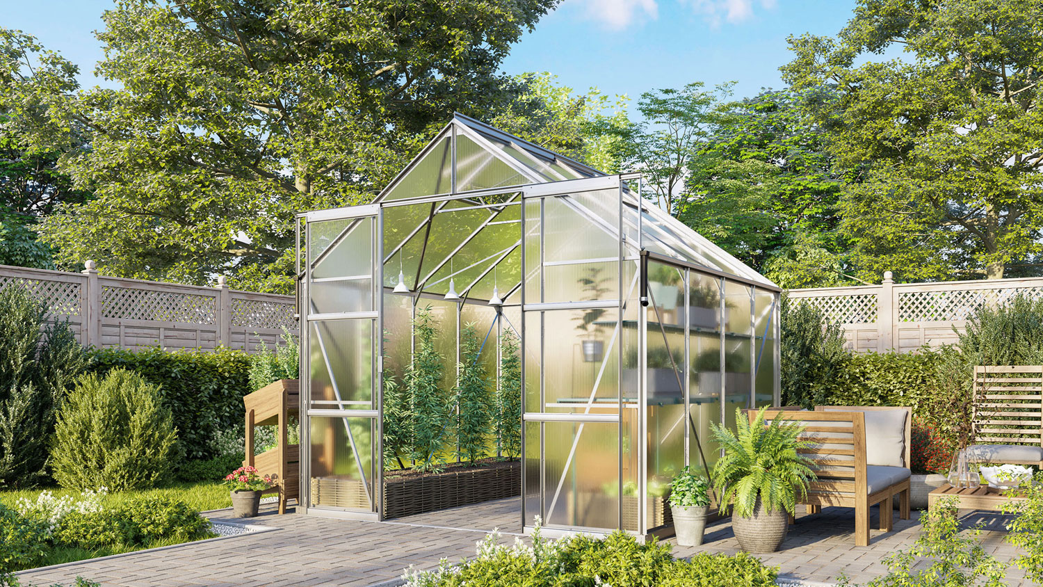 Gewächshaus-Set Jamaika 6700 mit Satteldach, Farbe: Aluminium eloxiert, verglast mit: Hohlkammerplatten (HKP)